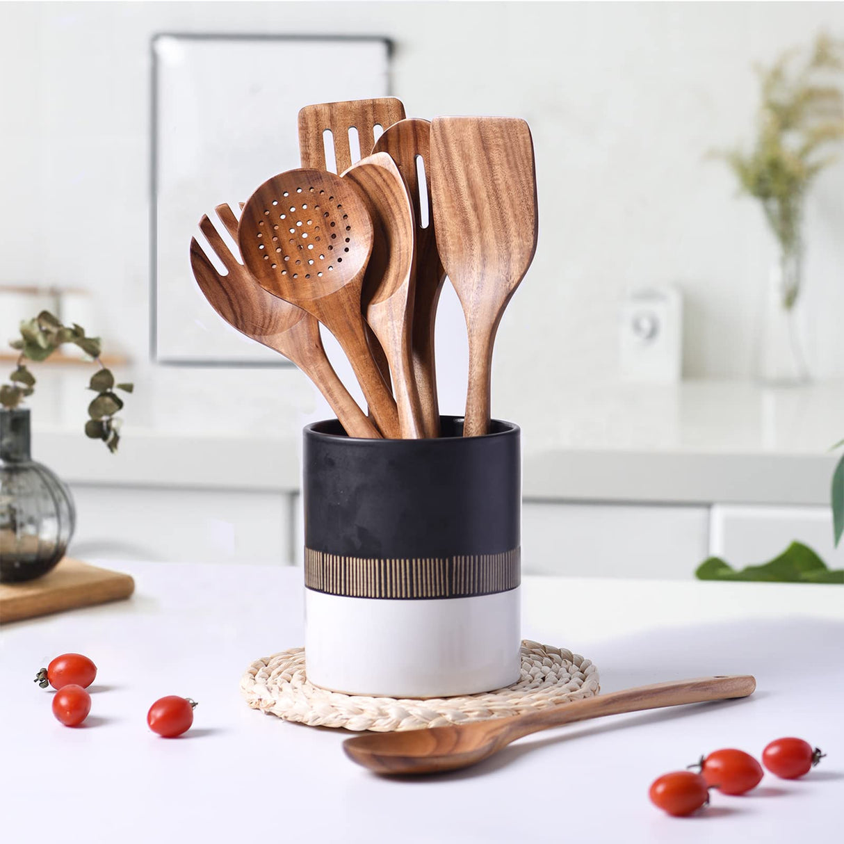 Gudamaye 13 inch Long Wooden Utensils for Cooking, Long Handle Wooden Spoons for Cooking, 7 PCES Crafting Wooden Spoon Set, Wooden Kitchen Utensil set, Natural Teak Wooden utensil Set Gudamaye