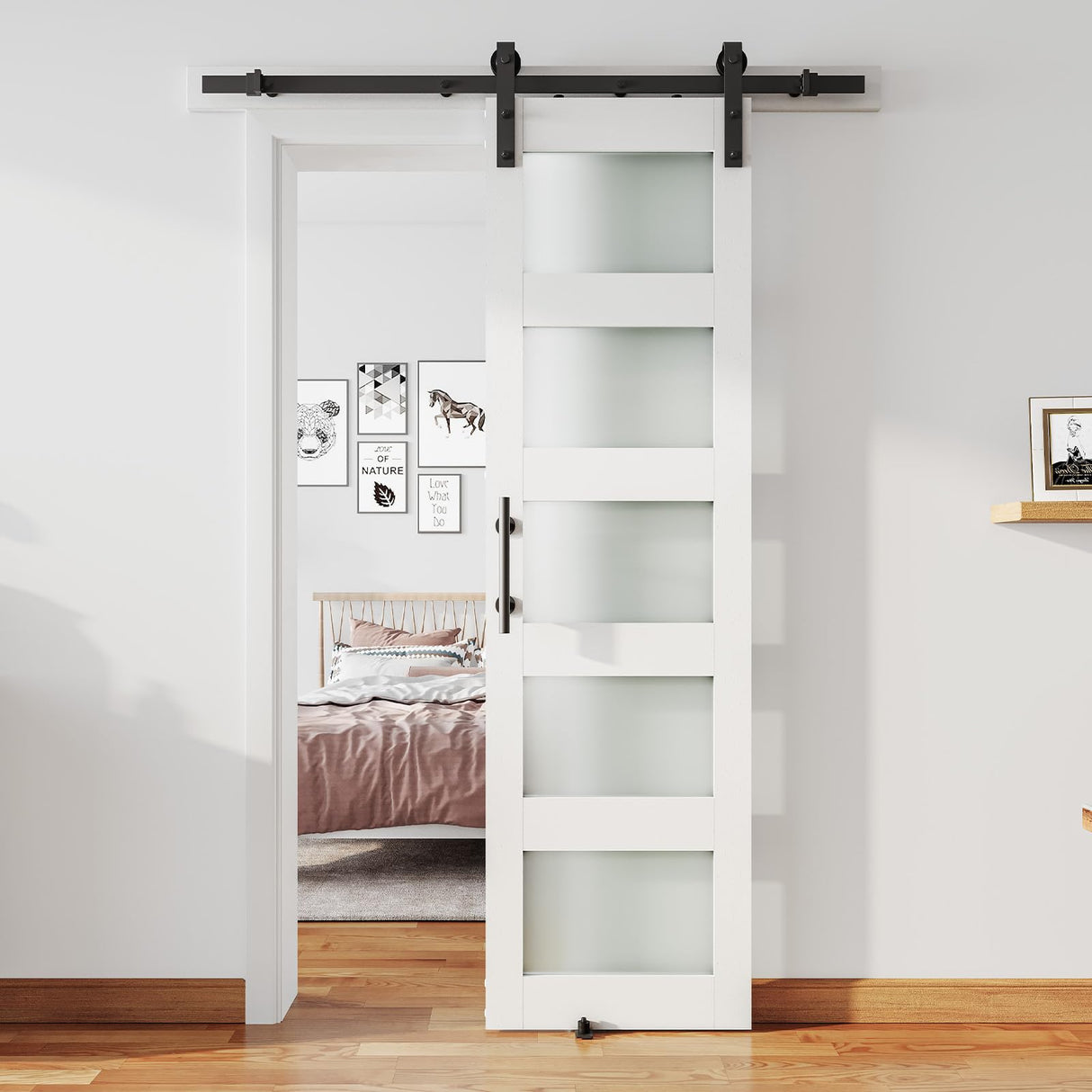 ALAMEDADT 26'' x 84'' Glass Barn Door and 5 Ft Hardware Kit Included, MDF White Barn Door Slab with Frosted Glass, PVC Surface, Combined with Handle and Floor Guide-Assembly Required, White ALAMEDADT