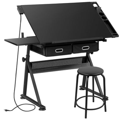 ZENY Adjustable Drafting Table with Stool, Tilting Drawing Desk Artist Table with Storage Drawers, Art Craft Workstation for Home Office Reading, Writing, Crafting (Black-with Outlet)