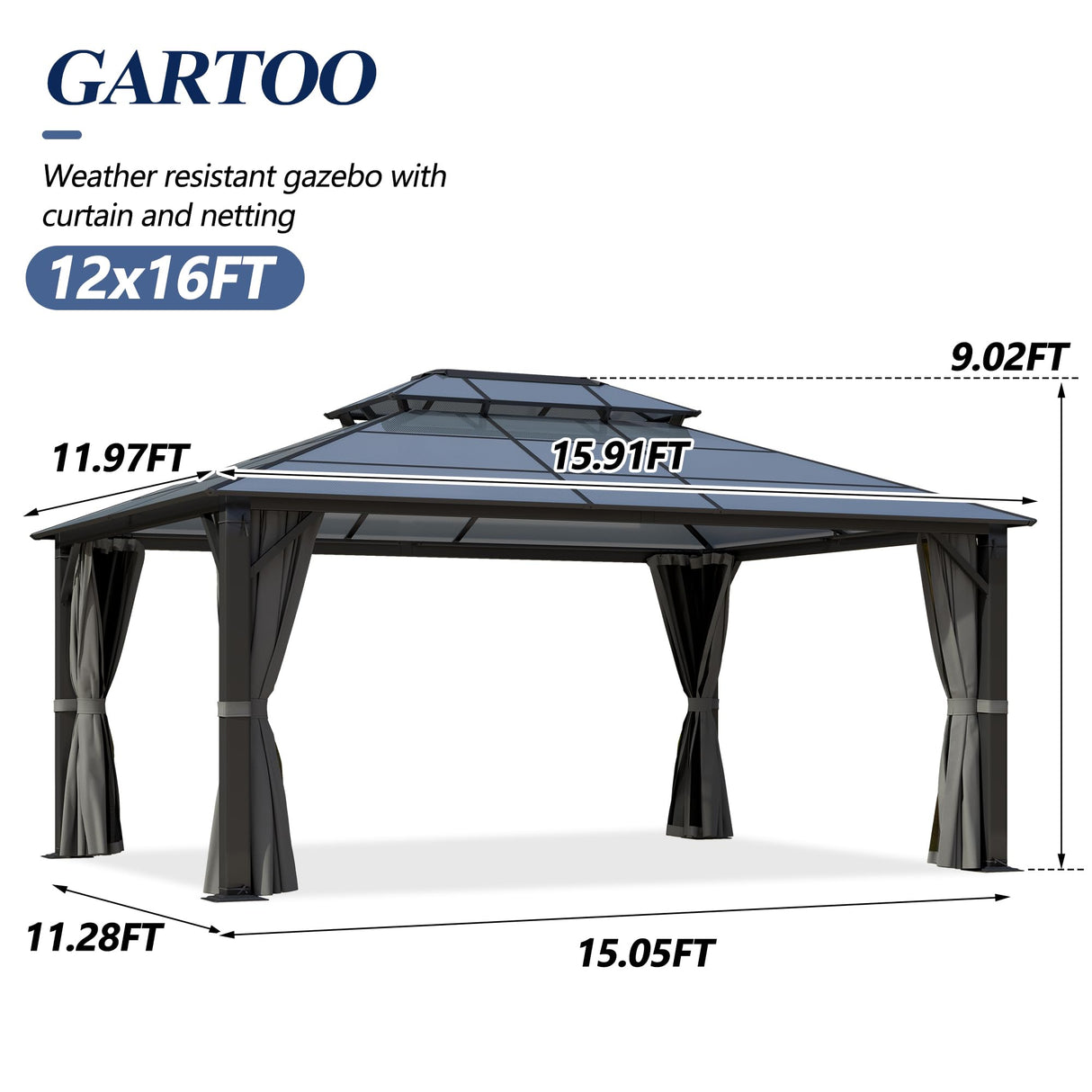 GARTOO 12x16FT Polycarbonate Hardtop Gazebo with Double Roof - Heavy-Duty Steel Frame Gazebo with Breathable Netting & Privacy Curtain for Patio, Porch, Garden, Lawn, Deck, Backyard GARTOO