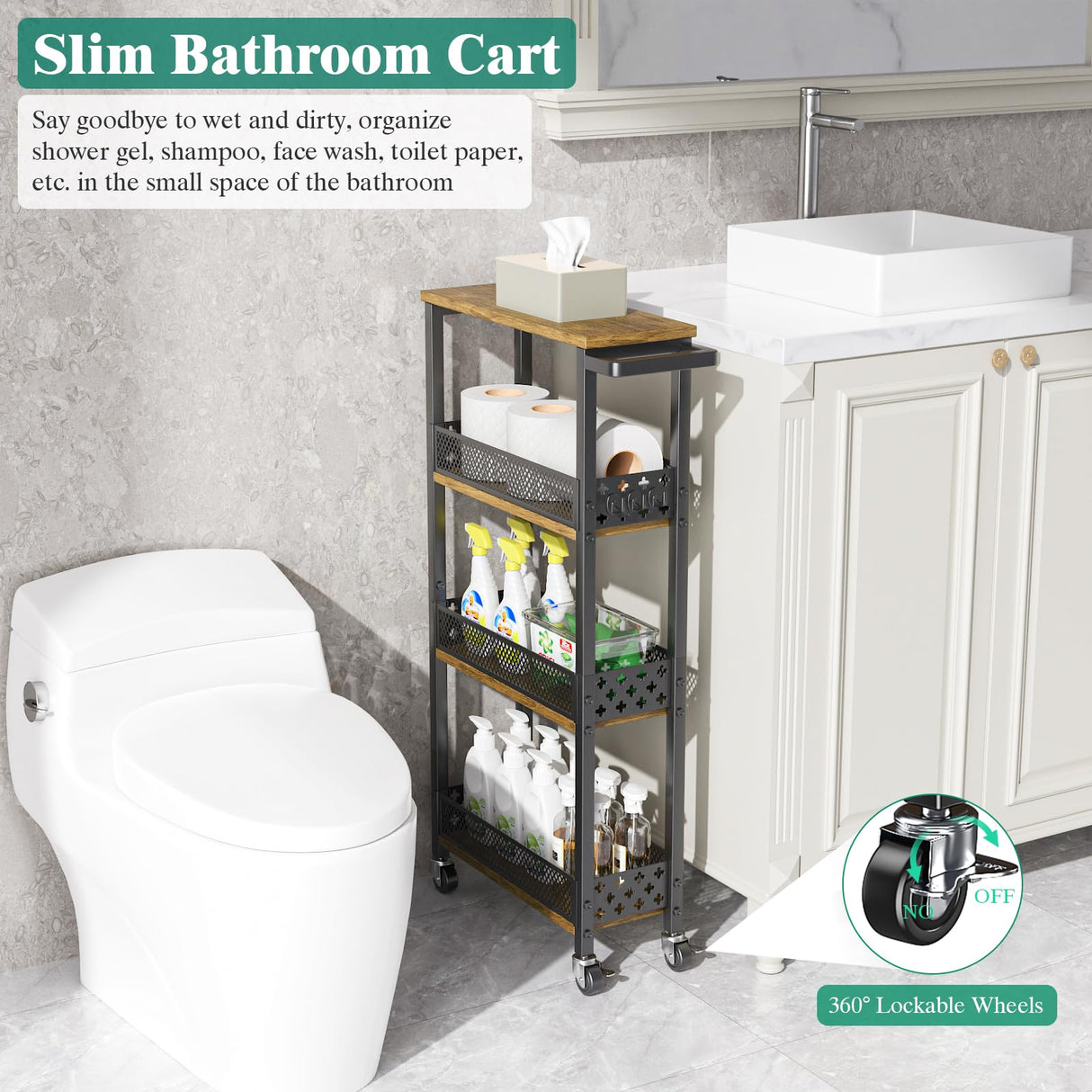 Giwil 4-Tier Slim Rolling Storage Cart for Kitchen Bathroom Organizer, Mobile Narrow Storage Cabinet Utility Cart with Wood Rack on Wheels for Pantry Laundry Small Space Giwil