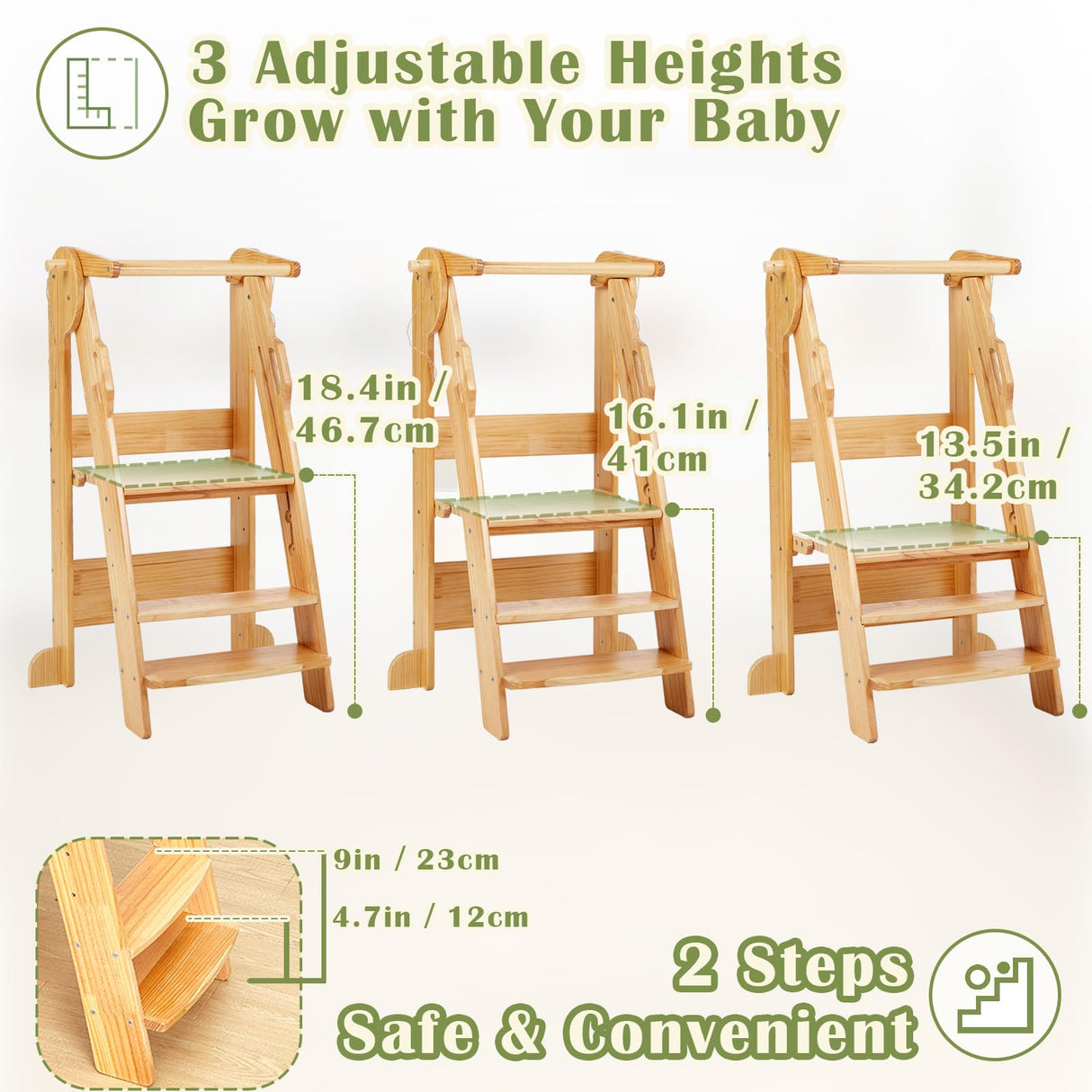 FUNLIO Foldable Kitchen Step Stool with Safety Rails, 3-Level Height Adjustable Toddler Tower for Kids 2-6 Years, Montessori Child Standing Tower for Learning, Easy to Assemble, CPC Approved - Natural FUNLIO