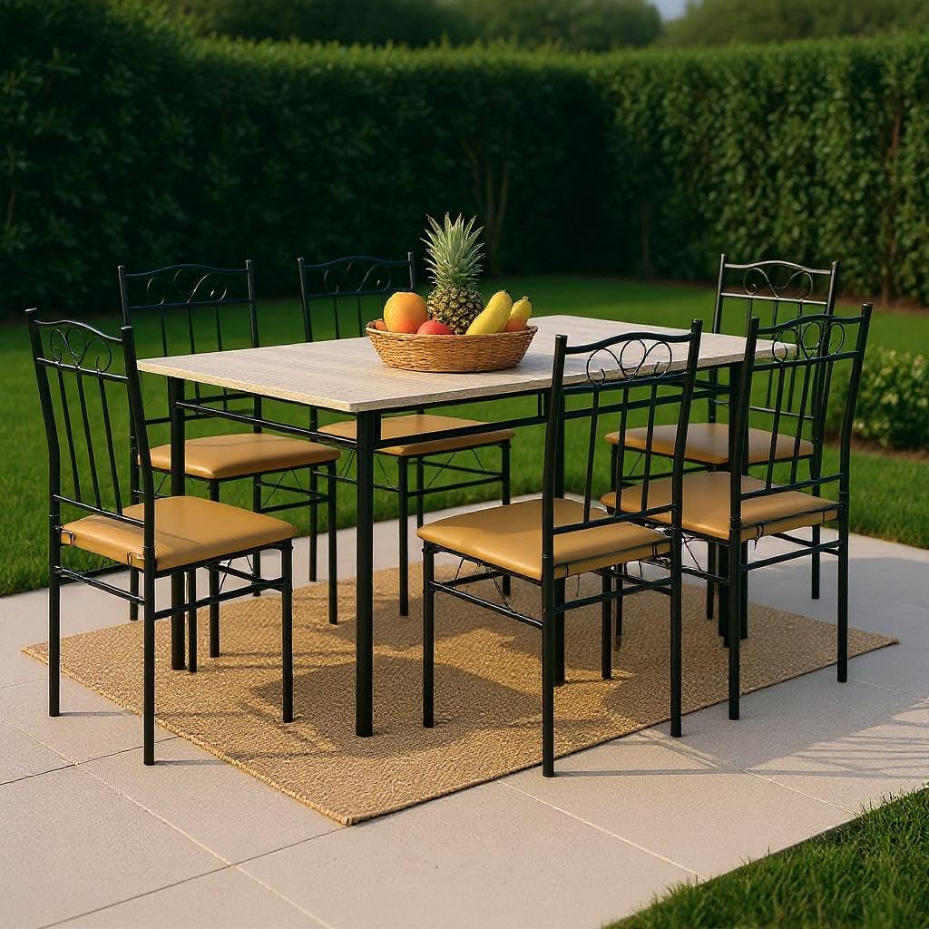 Homy Casa Outdoor Patio Dining Set, 7-Piece Table & Chairs, Wood Grain Top & Metal Frame, Ideal for Deck, Garden & Balcony Gatherings Homy Casa