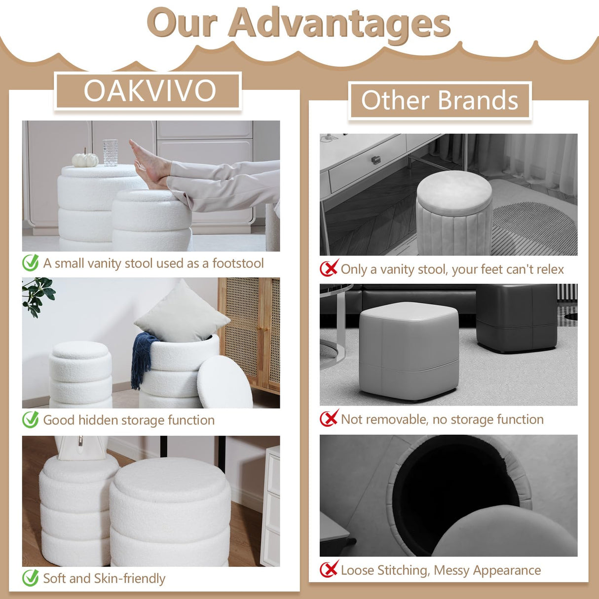 oakvivo Round Ottoman with Storage Set of 2, Soft Teddy Velvet Upholstered Foot Stool Vanity Chairs, Support 330lbs Padded Seat Multifunctional Ottomans Footrest, Foot Rest for Living Room, White oakvivo