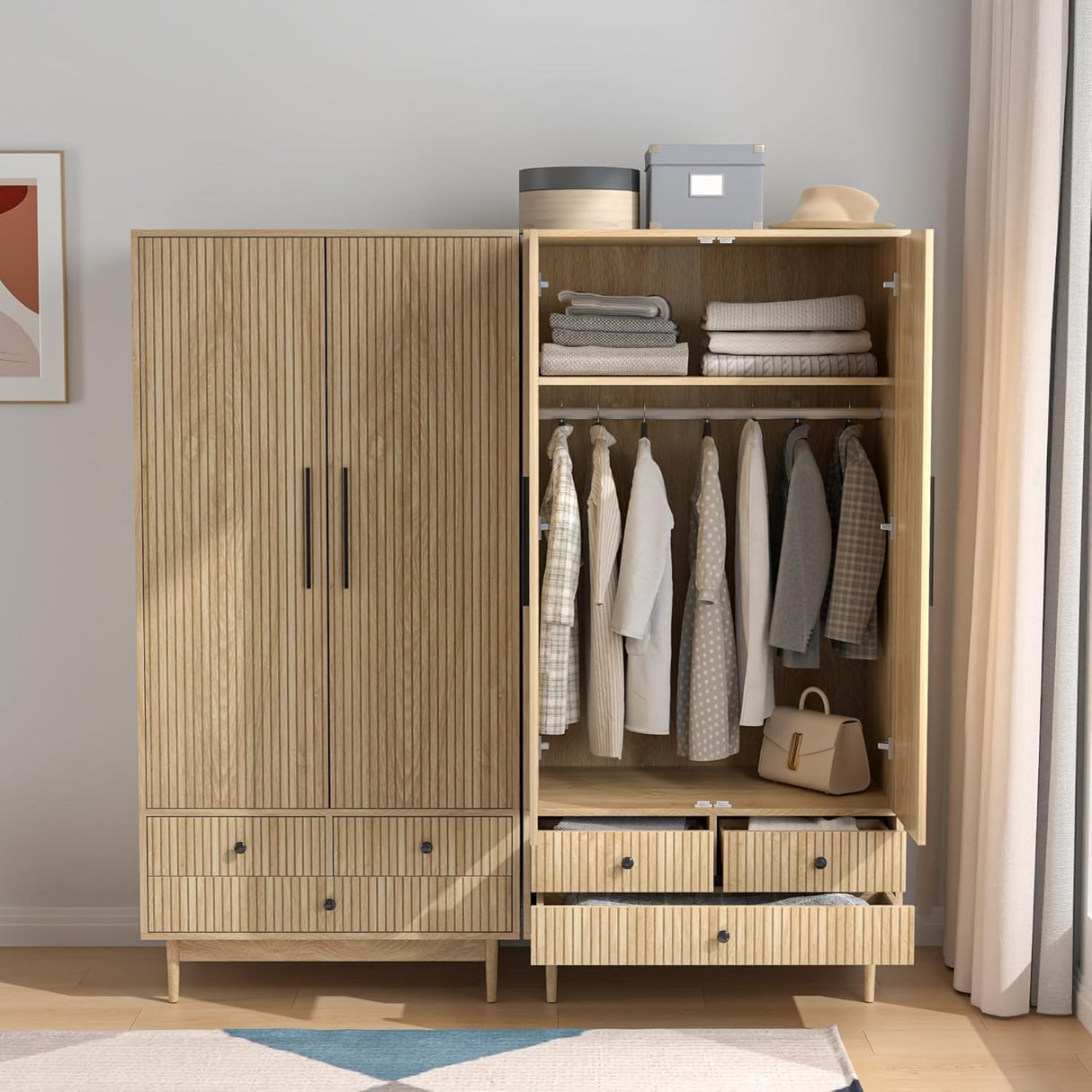 Armoire Wardrobe Closet with Drawers and 2 Fluted Doors 64.96 in Farmhouse Closet Wardrobe Cabinet with Hanging Rod Freestanding Wooden Bedroom Armoire Storage Cabinet with Shelf (1, Natural) Fsbecl