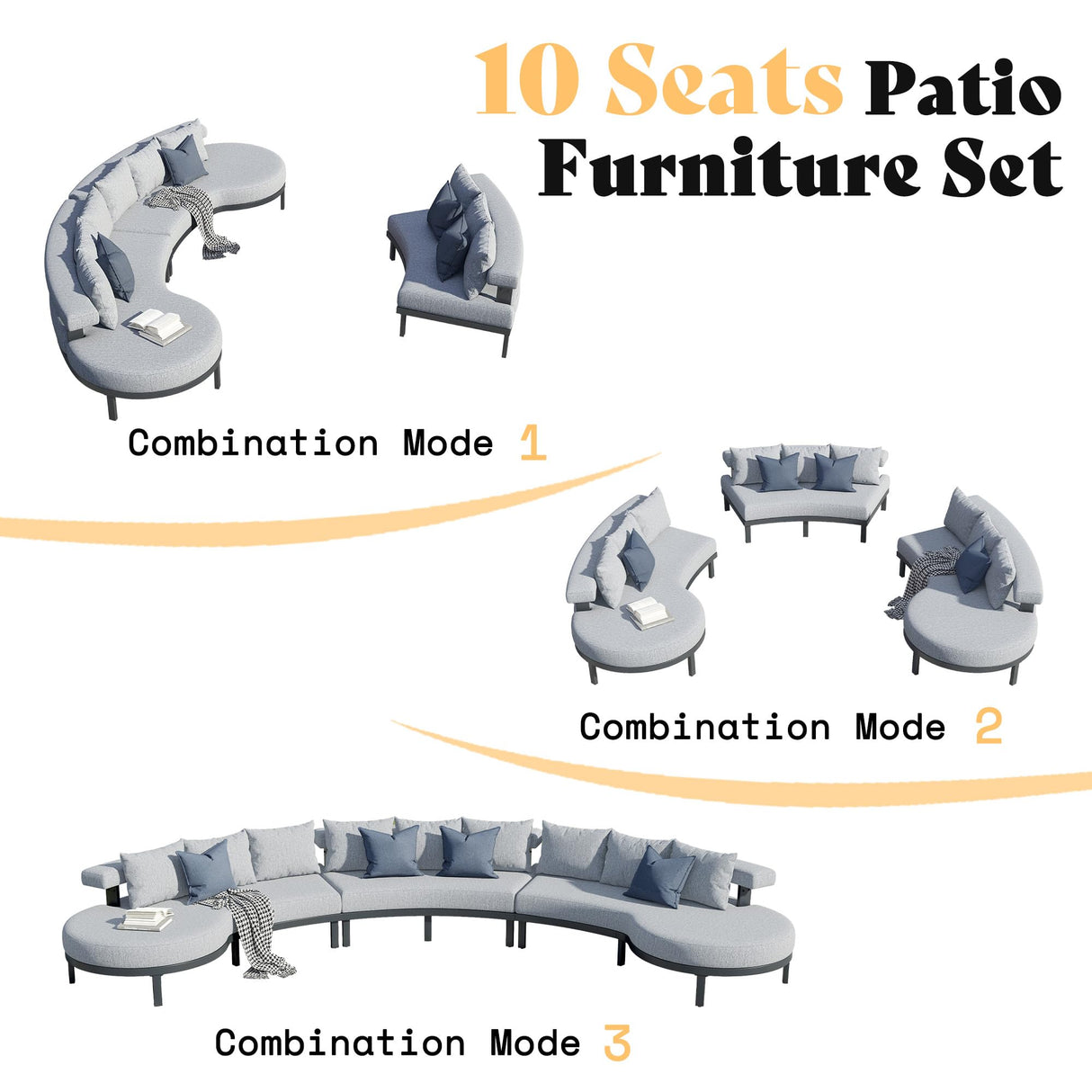 LUXOAK 10 Seats Aluminum Patio Furniture Set, Outdoor Sectional Sofa with 6" Cushions, Modular Curved Conversation Set, All-Weather Furniture for Modern Backyard, Deck or Poolside LUXOAK