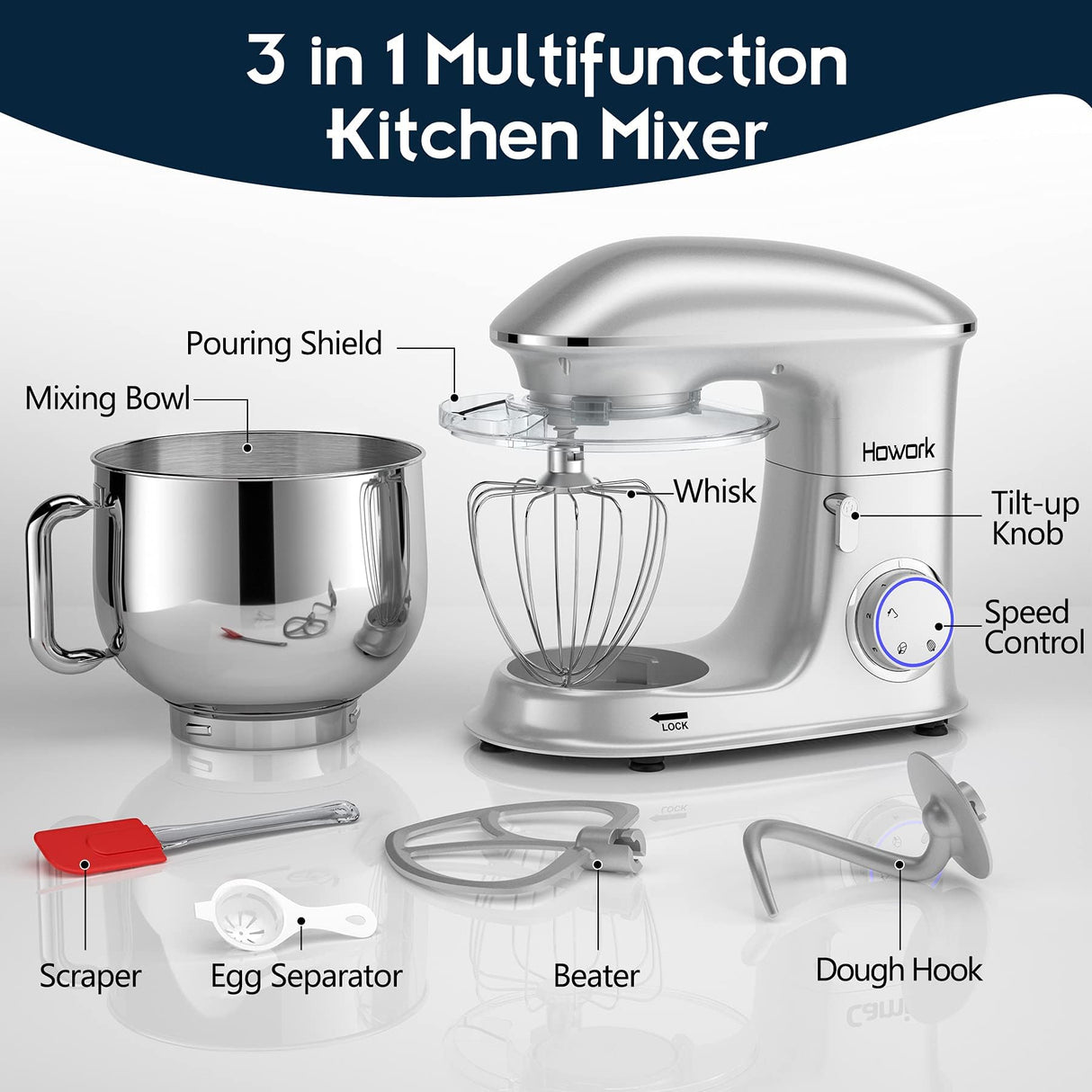 HOWORK 8.5QT Stand Mixer, 660W 6+P Speed Tilt-Head, Electric Kitchen Mixer With Dishwasher-Safe Dough Hook, Beater, Wire Whip & Pouring Shield(8.5 QT, Silver) HOWORK