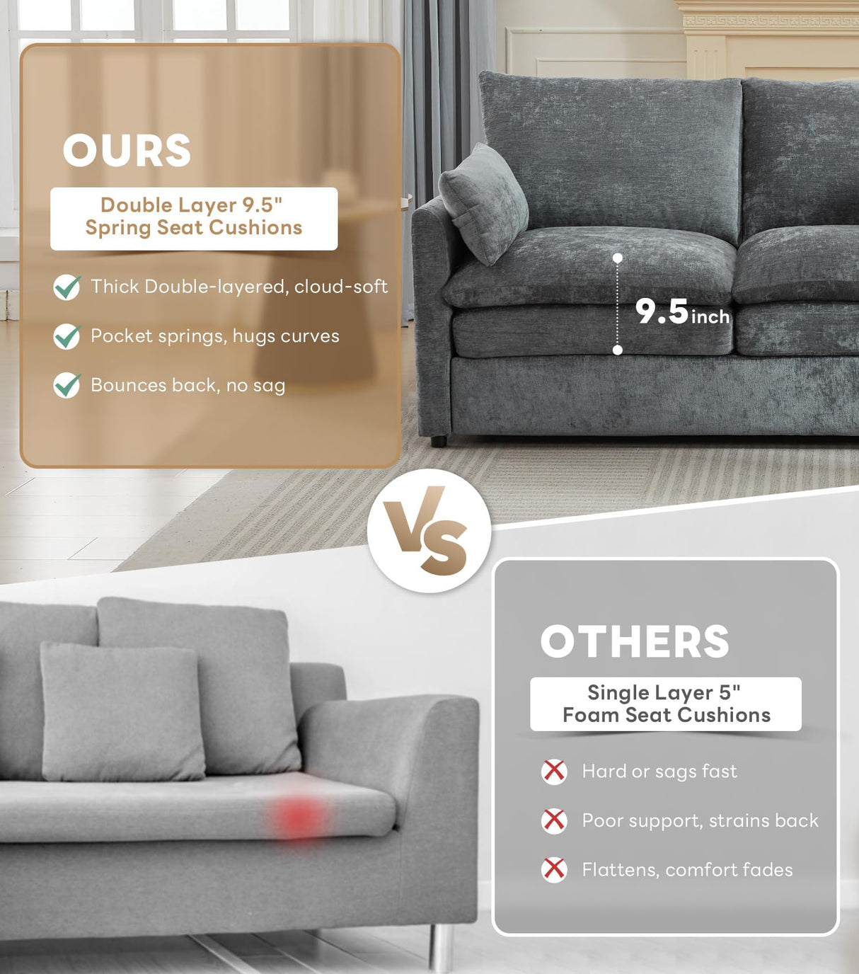 Tbfit Modern Sofa, 89" Cloud Couch w/Pillows, Pocketed Spring Seats, Comfy 3-Seater Plush Foam Cushions, Chenille Fabric Removable Cover, Soft Upholstered Living Room Furniture Home Apartment, Gray Tbfit