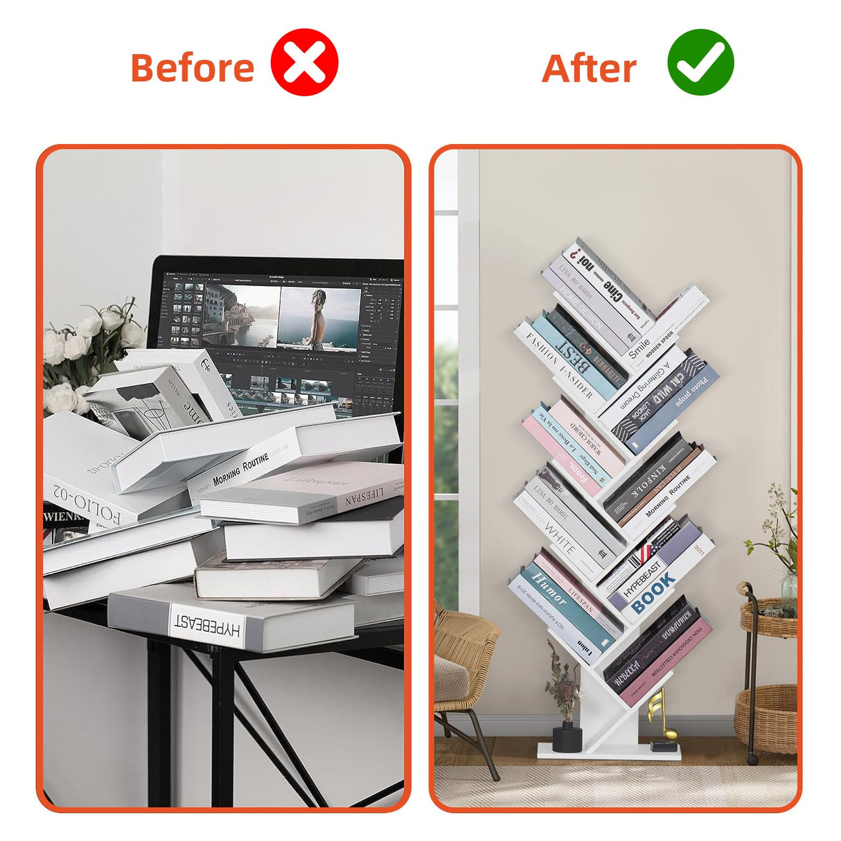 SHEEPAM 10 Tier Tree Book Shelf, Floor Standing Wood Bookshelf for Narrow Space, Storage Organizer Bookshelves for Books/CDs/Magazine, Bookcase with Shelves for Home Office, Living Room - White SHEEPAM