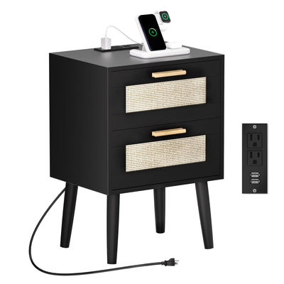 Ltysh Nightstand with Charging Station,Rattan Night Stand with Solid Wood Legs, Bedside Table with USB Ports & Outlets Bed Side Table,End Table for Bedroom,Living Room(Black)