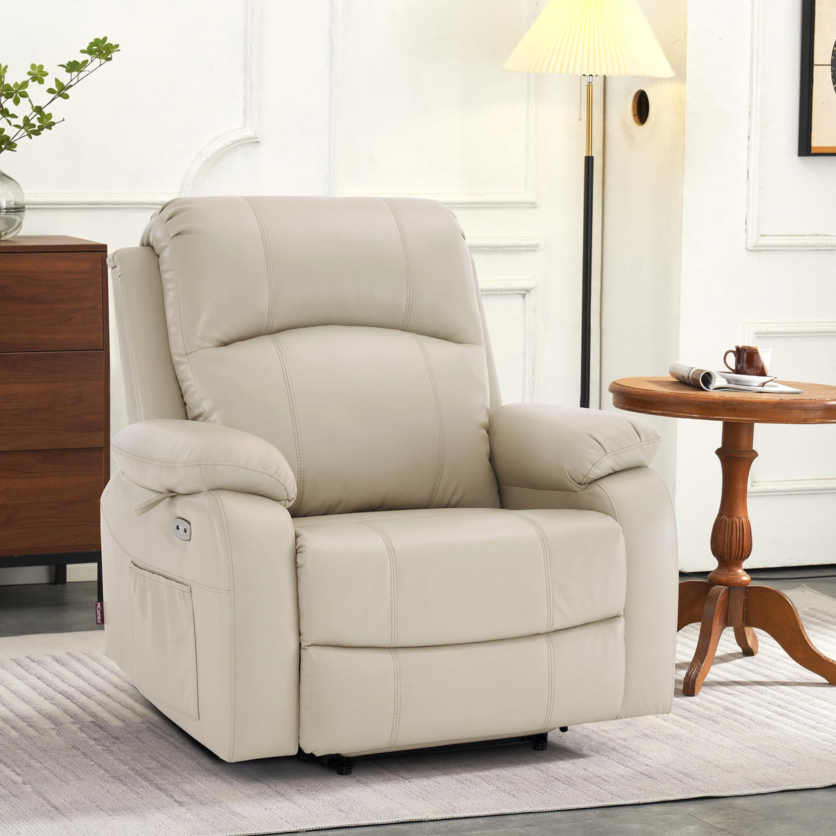 MCombo Small-Wide Power Lift Recliner Chair with Massage and Heat for Petite Elderly People, 3 Positions, 2 Side Pockets, USB Ports, Faux Leather R7410 (Beige, Small-Wide) MCombo