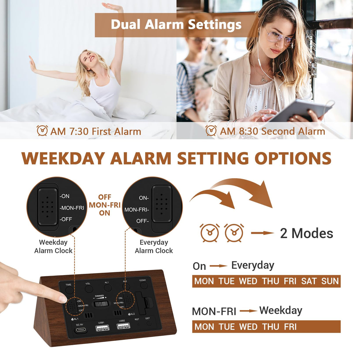 Kogonee Wooden Digital Alarm Clock, 0-100% Dimmer, 2 Alarm Settings, Weekday/Everyday Mode, 9 Mins Snooze, 12/24H, Temperature and Date Display for Office, Travel, Bedroom Alarm Clock (Brown) Kogonee