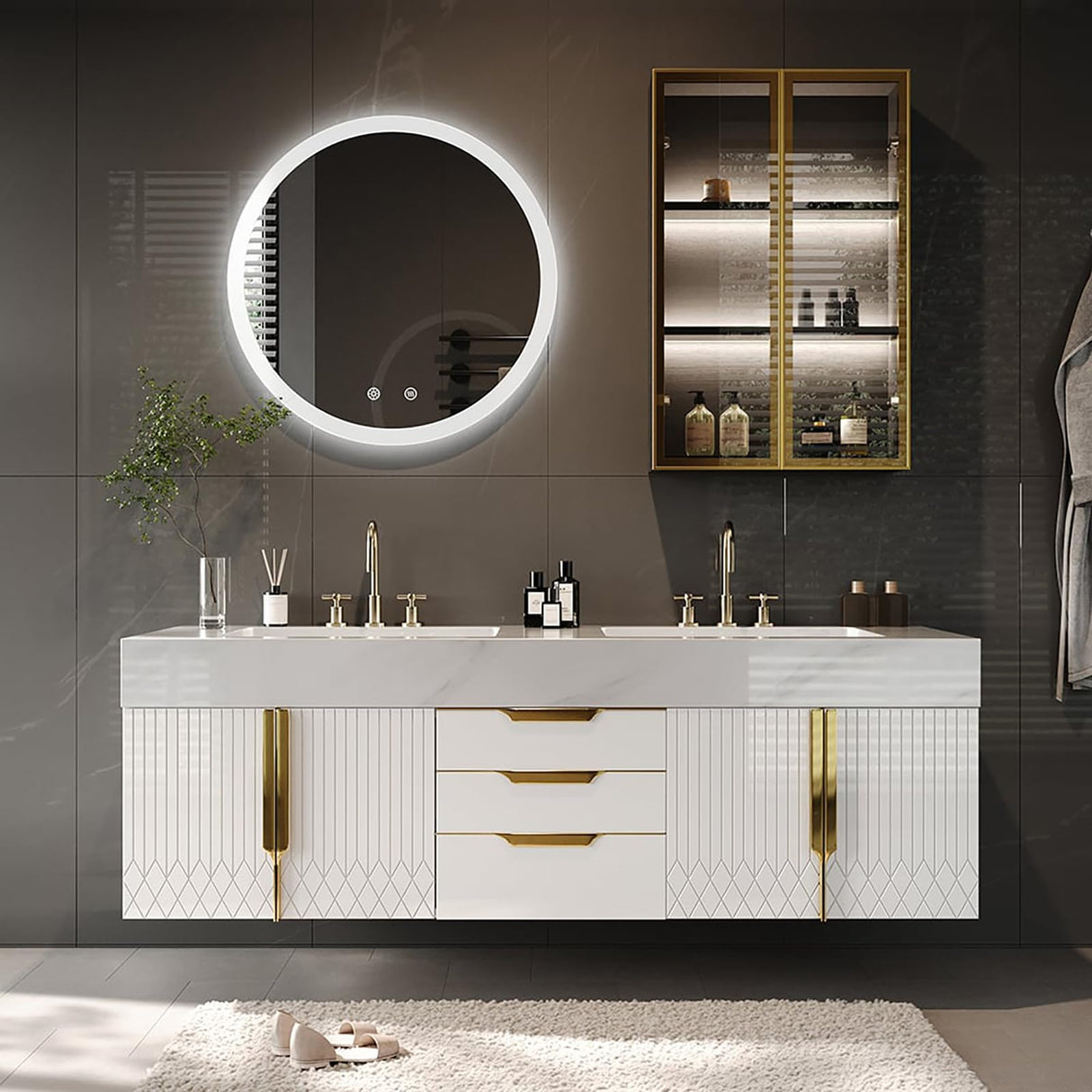 Weibath 59" Wall Mounted Bathroom Vanity Modern Bathroom Vanity with Double Sink & Drawers & Doors Faux Marble Top Weibath