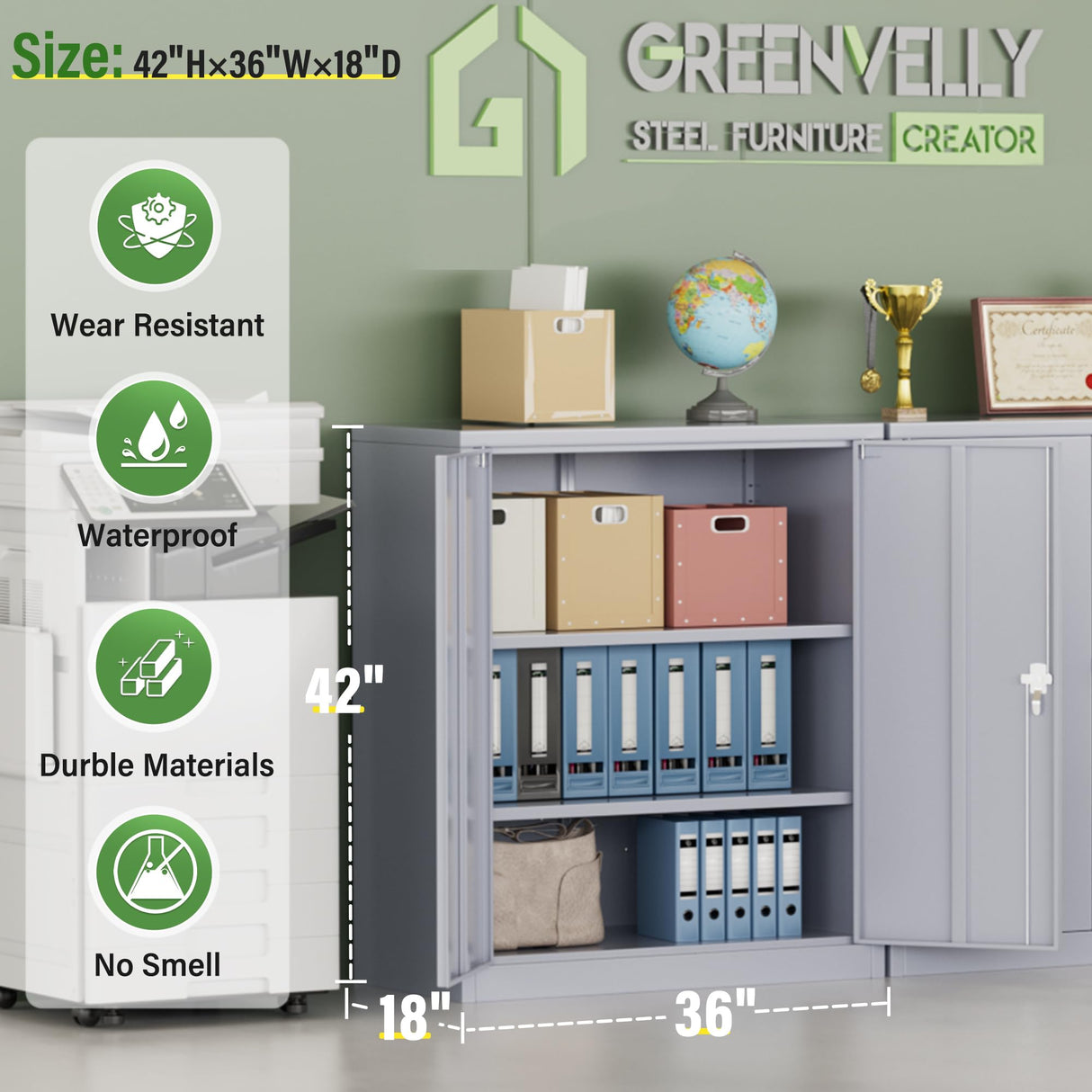 Greenvelly Metal Storage Cabinet,42" Lockable Storage Cabinet with Doors and Adjustable Shelves, Locking File Cabinet for Garage,Home,School,Pantry(Dark Grey) Greenvelly