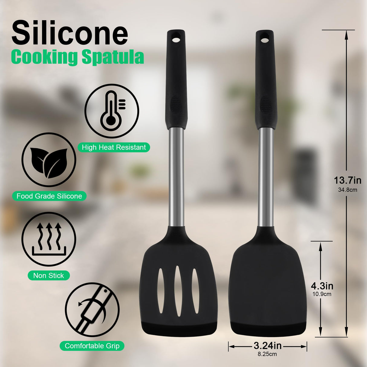 2 Pack Silicone Spatula Set,Solid & Slotted Spatulas Silicone Heat Resistant,Turner Spatulas for Kitchen Use,Rubber Spatulas for Fish, Eggs, Pancakes, WOK, Silicone Cooking Utensils Qukaka