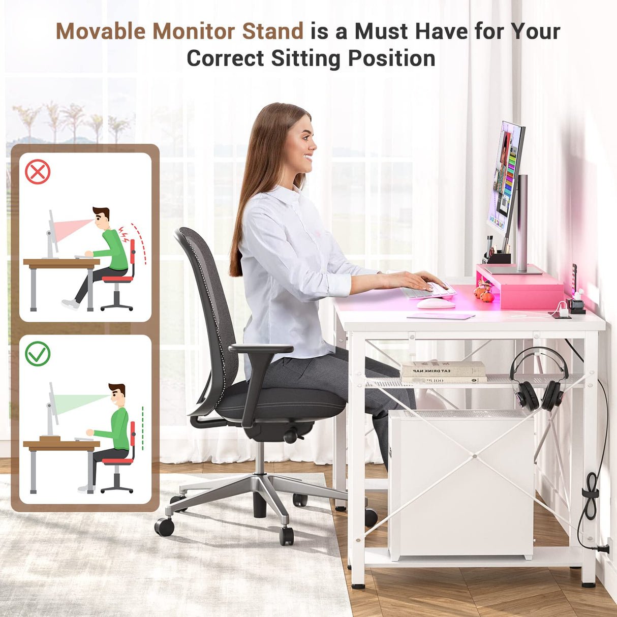 armocity Computer Desk with LED Lights, 55 Inch Desk with Power Outlet and USB, Reversible Large Desk with Moveable Monitor Stand, 55.2'' Gaming PC Table for Home Office, Workstation, Pink and White armocity