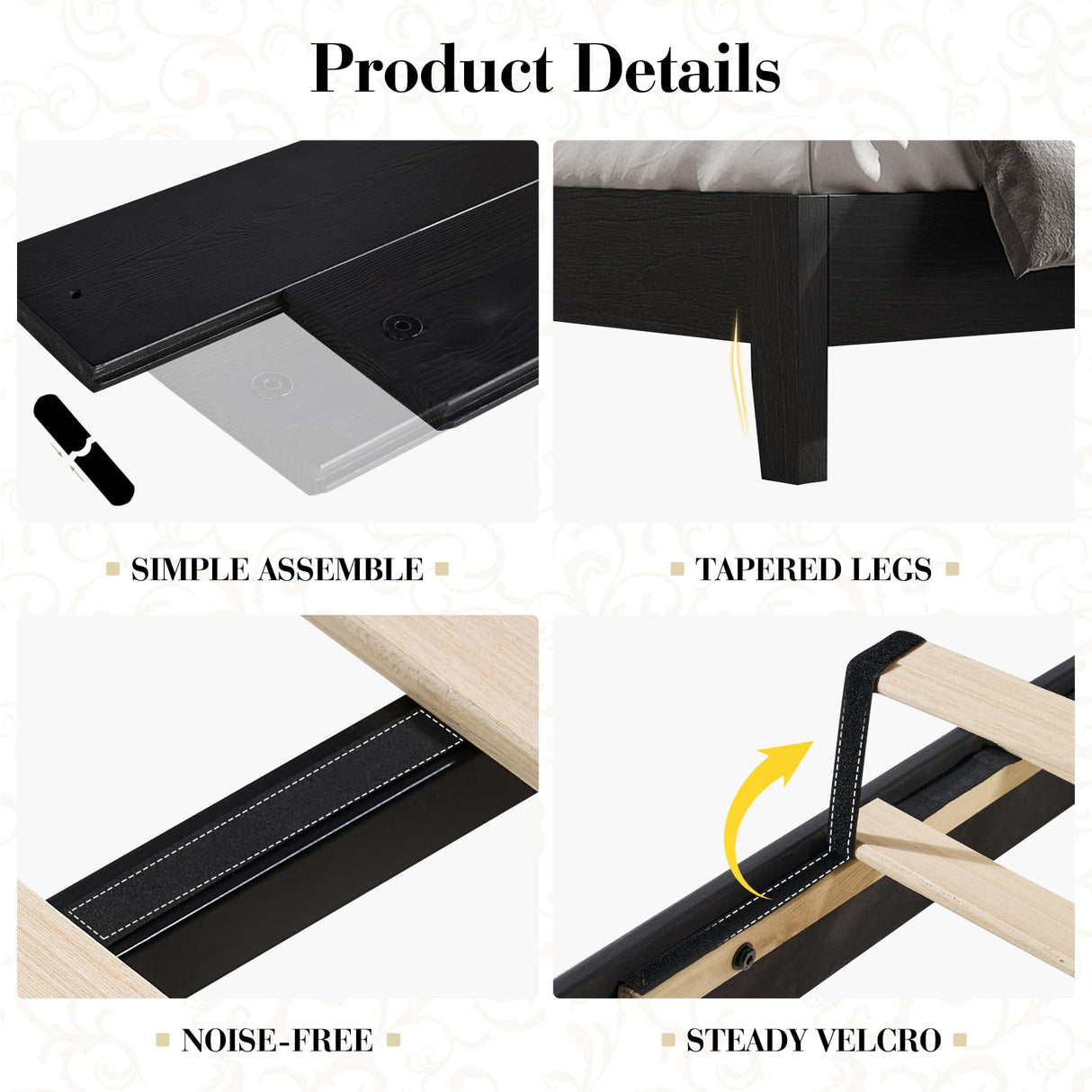 LUXOAK Queen Size Solid Wood Bed Frame with 48.4 inch Tall Headboard, Mid-Century Modern Platform Bed with Wooden Slats and Metal Frame. No Box Spring Needed, Easy Assembly, Black LUXOAK