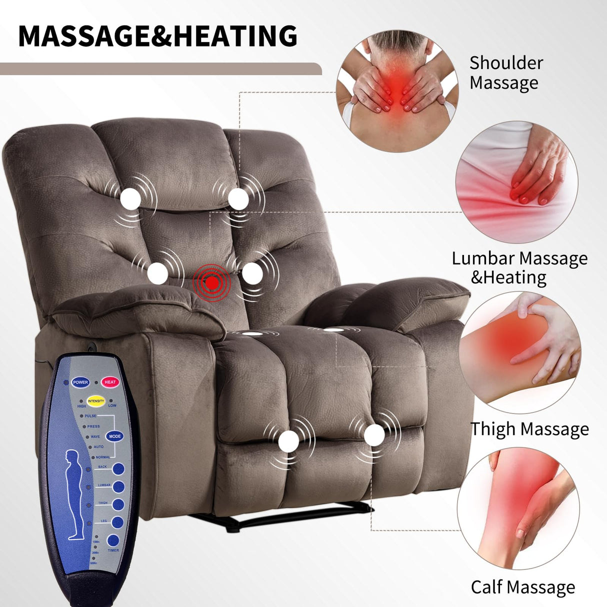 HAOMARKETS Oversized Power Recliner Chair with Massage and Heat Set of 2, 41" Wide Electric Reclining Chairs with USB Port, Breathable Fabric Overstuffed Reclining Sofa for Living Room Bedroom HAOMARKETS
