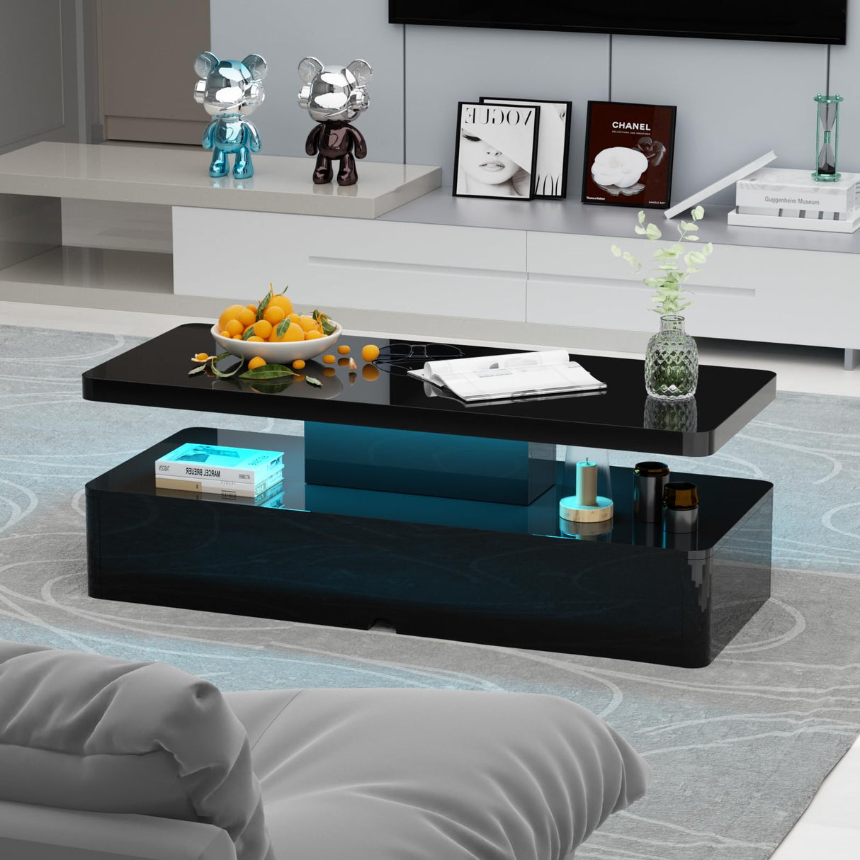 Breezestival 40'' Modern LED Coffee Table with 16 Colors Lights, Double-Layer Design for Living Room, Black Breezestival
