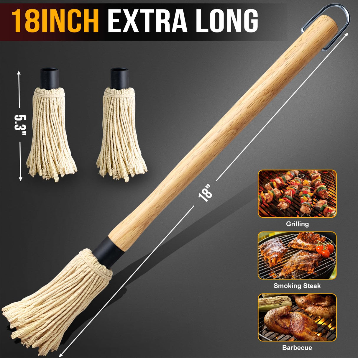 Walfos BBQ Mop Brushes for Sauce, Grilling Basting Mop Wooden Long Handle with 3 Heads, for Grilling, Barbecue, Smoking Steak (18") Walfos