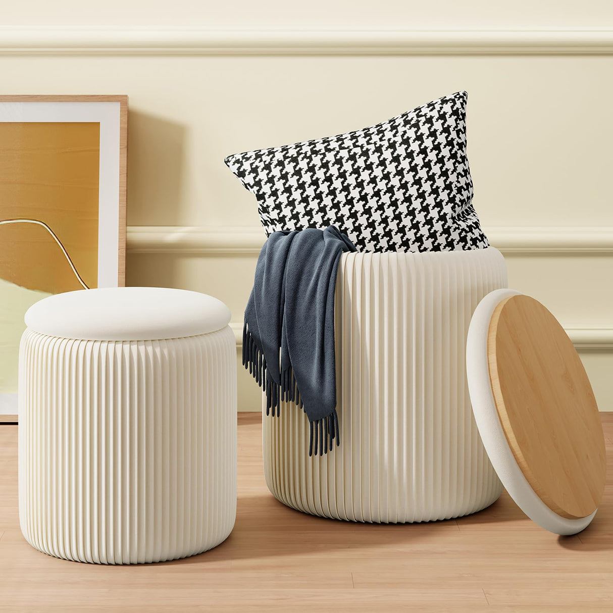 Round Ottoman with Storage Set of 2, White Vanity Stool, Upholstered Velvet Storage Ottomans, Makeup Chair Seat for Bedroom, Small Pouf Footstool for Living Room Recximi