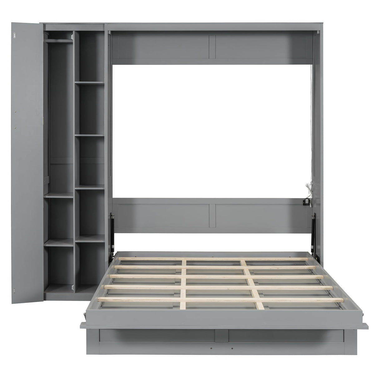 P PURLOVE Murphy Bed Queen, Wood Wall Bed with Shelves, Wardrobe and LED Lights, No Box Spring Needed (Gray) P PURLOVE