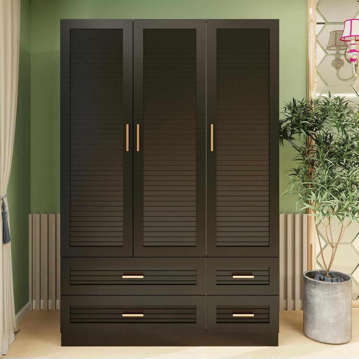 Keloyid Wood Armoire Wardrobe Closet Armoires Wardrobe Cabinet with 3 Door 4 Drawers Tall Wardrobe Closet Storage with Shelves and Hanging Rod for Bedroom Black 47.24''W x 19.69''D x 70.87''H Keloyid