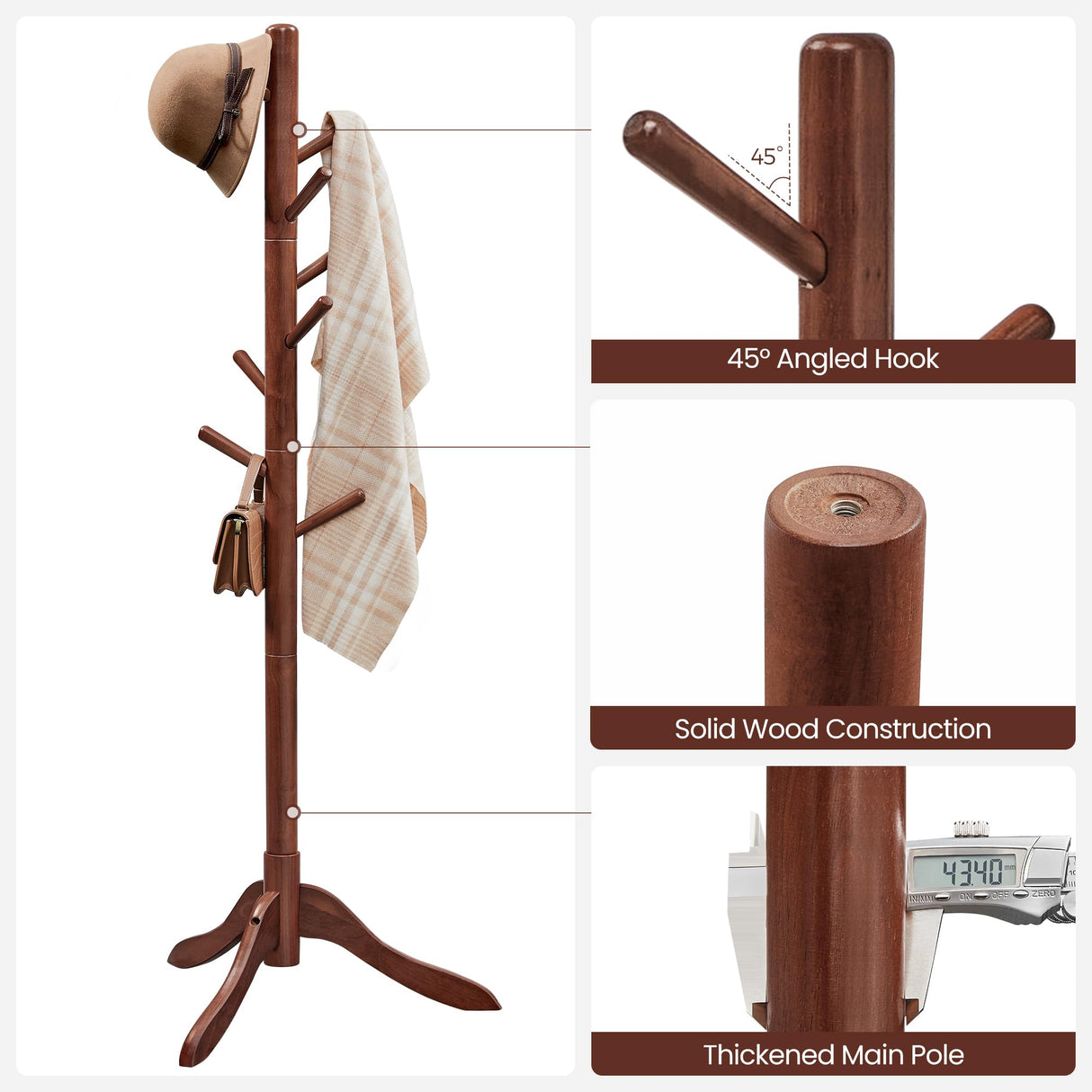 VASAGLE Solid Wood Coat Rack, Free Standing Coat Rack, Tree-Shaped Coat Rack with 8 Hooks, 3 Height Options, for Clothes, Hats, Bags, for Living Room, Bedroom, Home Office, Dark Walnut URCR01WN VASAGLE