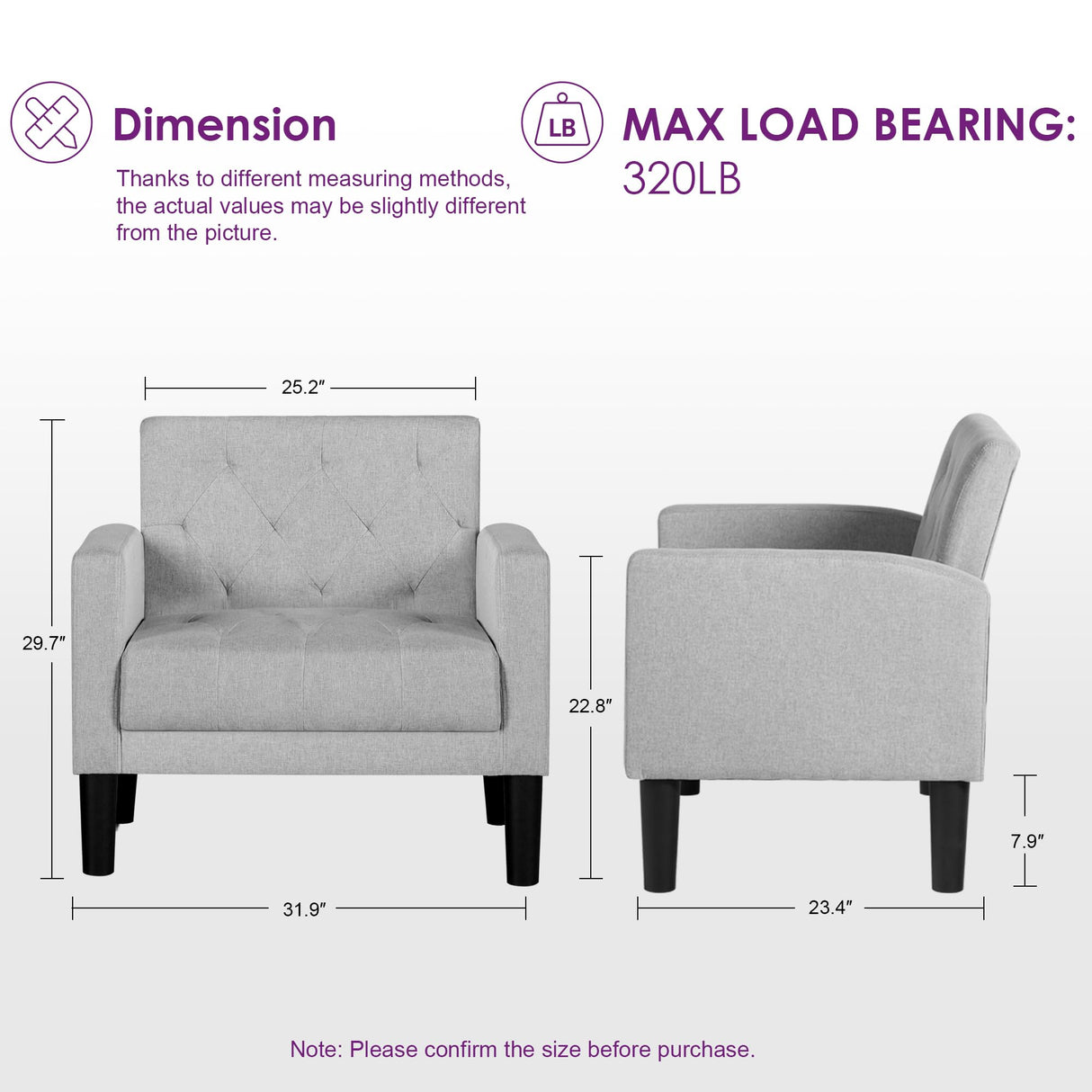 TYBOATLE Accent Chairs Set of 2 Comfy Living Room Chair Tufted Mid Century Modern Accent Chair, Cozy Upholstered Reading Arm Chair for Office, Bedroom (Light Grey, Set of 2) TYBOATLE