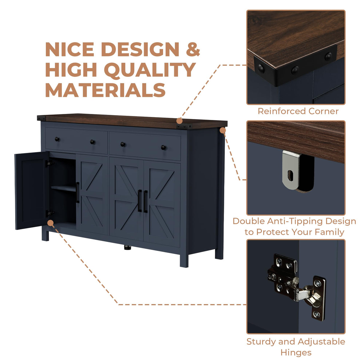 VVFLU Buffet Cabinet with Storage Farmhouse with 4 Doors and 2 Drawers, 55'' Large Kitchen Storage Cabinet Blue Wood Coffee Bar Buffet Sideboard for Kitchen, Dining Room, Living Room VVFLU