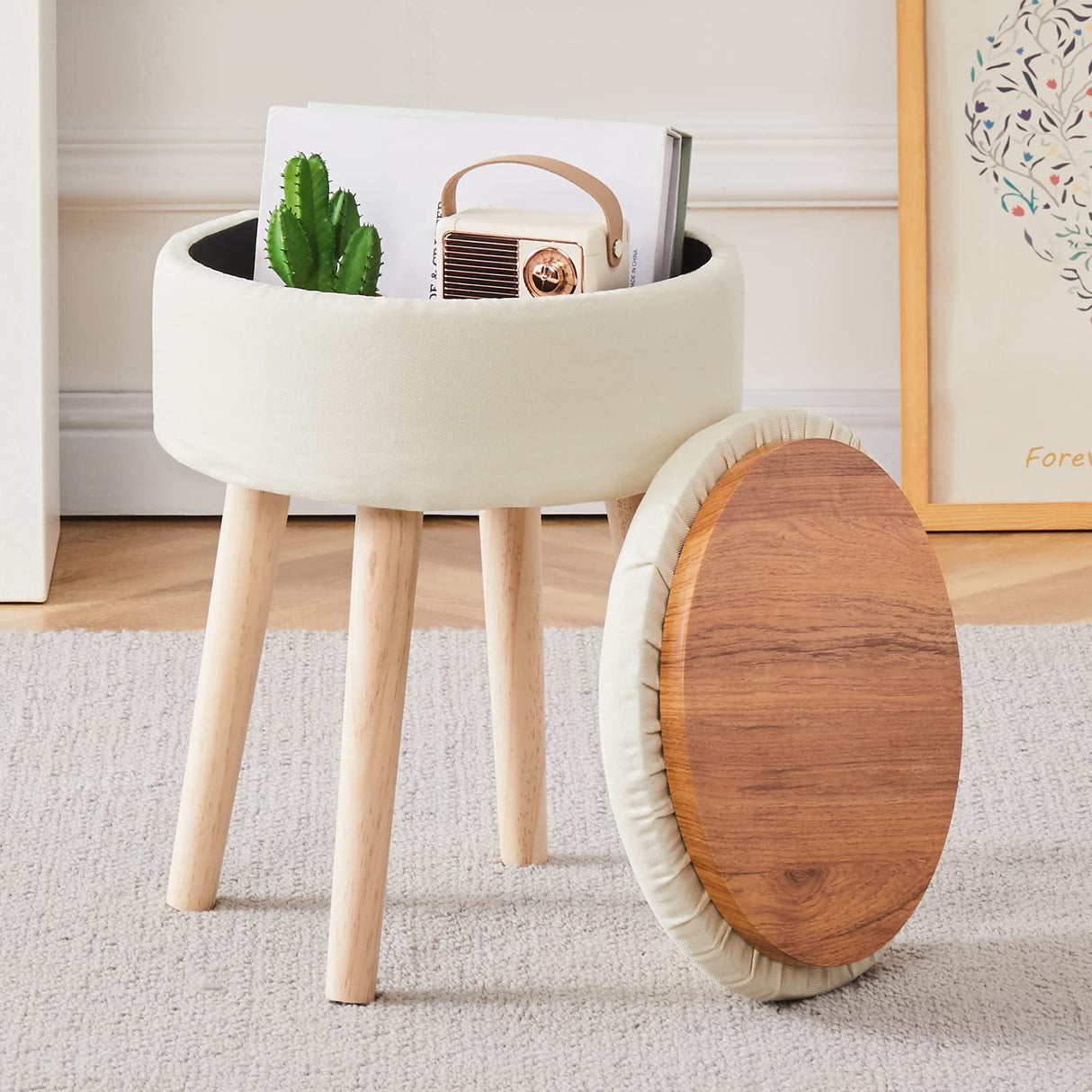 Mxfurhawa Storage Ottoman Linen Round Vanity Stool Tray Top Modern Foot Stool with Wood Legs Multifunctional Upholstered Foot Ottoman Rest for Living Room, Bathroom, Makeup (White) Mxfurhawa