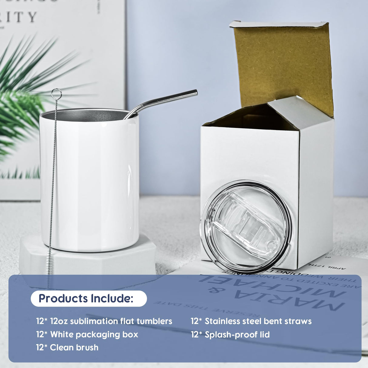 AGH 12 oz Sublimation Tumblers, 12 Pack Straight Tumbler with Lid and Straw, Flat Shot Tumbler AGH