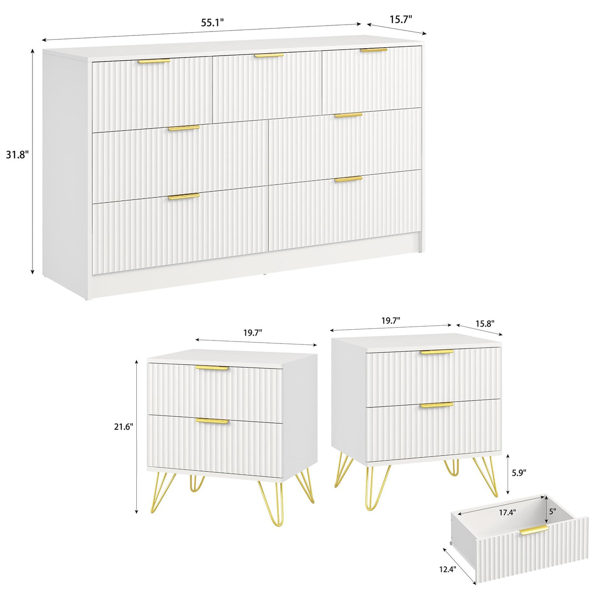 Sscaktu 7 Drawer Dresser and Nightstand Sets for Bedroom, 3 Pcs Bedroom Set,Night Stand Set of 2 & 7 Drawer Dresser with Gold Handles, Modern Wood Chest of Drawers Storage Cabinet Set, White Sscaktu