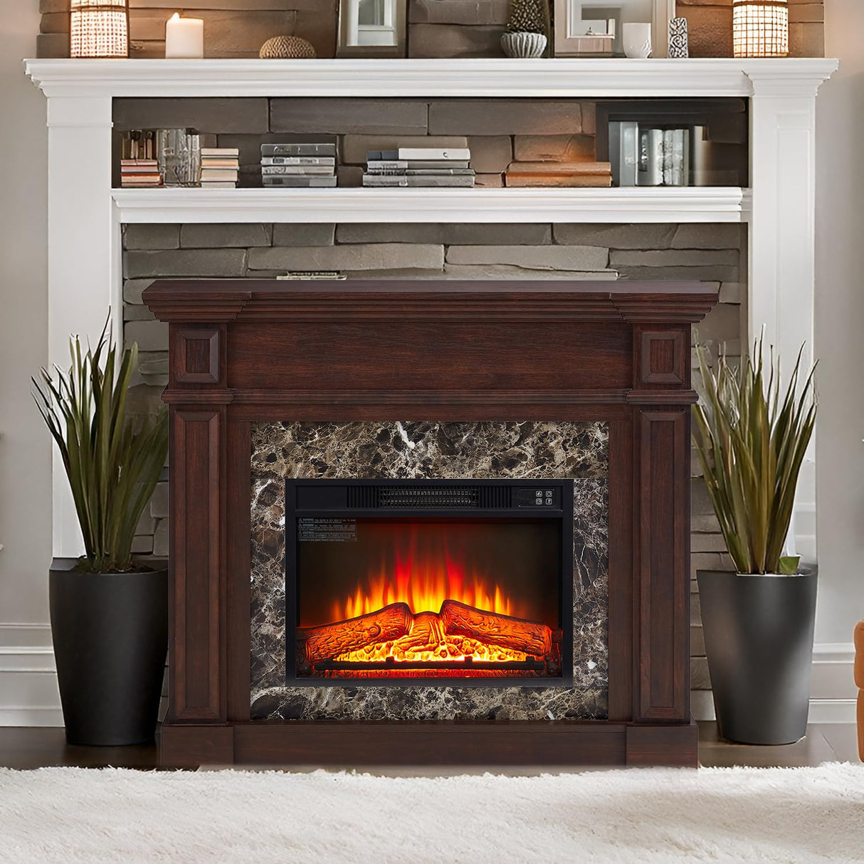 46" Large Electric Fireplace with Mantel, 40" H Tall Fireplace TV Stand, Freestanding Electric Fireplace Heater with Adjustable Flame, Remote Control Fire Place Mantel for Living Room (Walnut) PUTESTEVE