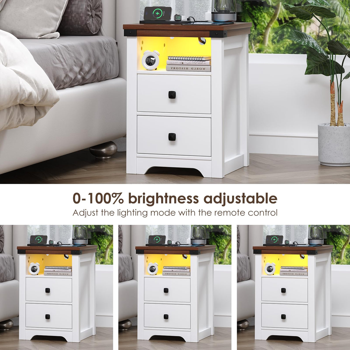 Airynee Nightstand with Charging Station, Farmhouse Nightstand with LED Lights, Modern Rustic Side Table with 2 Storage Drawers, Wooden End Table for Bedroom, Antique White Airynee