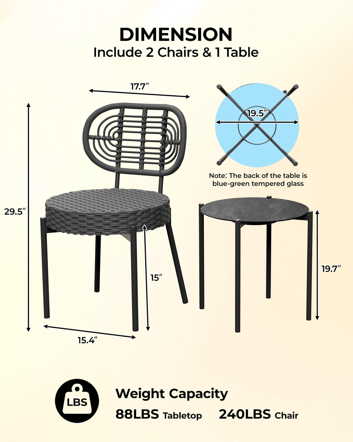 GarveeLife 3 Piece Wicker Patio Bistro Furniture Set, Outdoor Dining Chairs, Includes 2 Rattan Chairs and Tempered Glass Table, for Garden, Backyard, Balcony, Apartment, Black & Grey GarveeLife