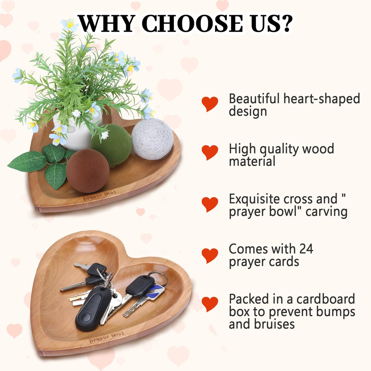 Heart Prayer Bowl with Cross, Prayer Bowl Wooden, Dough Bowl, Wooden Bowl, Prayer Bowl, Heart Bowls, Decor Bowl for Prayer Table, Prayer Bowls with Cards, Prayer Gifts for Women (Wood) Hoohnnaa