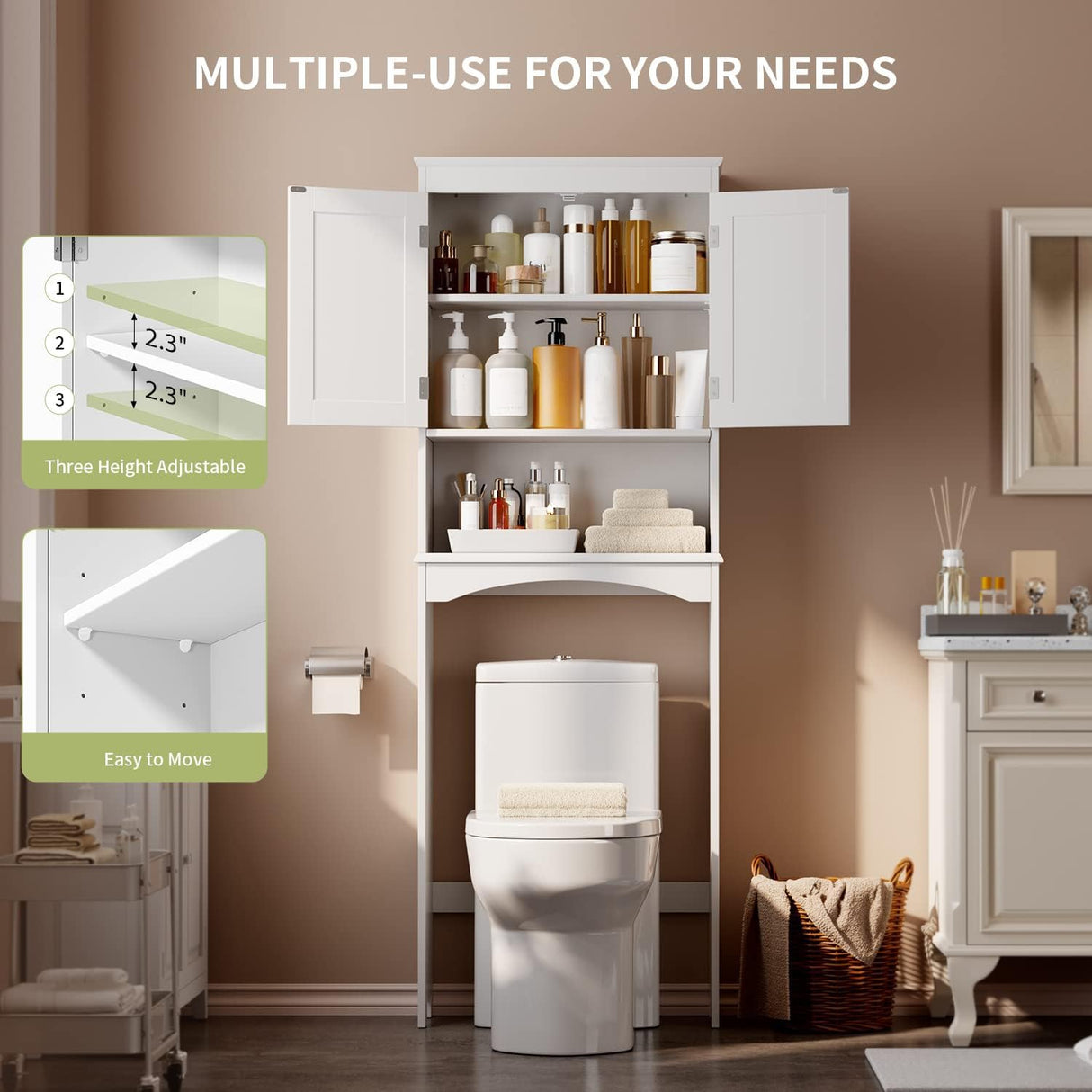 Gizoon Over The Toilet Storage Cabinet with Adjustable Shelf and Double Doors, Bathroom Space Saver Organizer Above Toilet with Open Shelf, Taller Wooden Free Standing Toilet Rack -White Gizoon