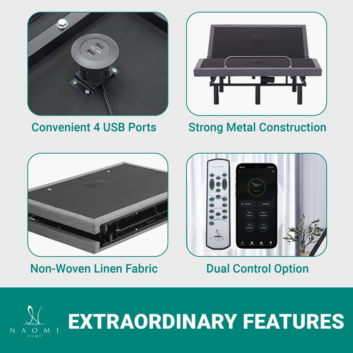 Naomi Home Idealbase Split King Adjustable Bed Base with Massage, USB Ports, Under-Bed Light, Wireless Remote, 800 Lb Capacity, Gray Metal Frame, Easy Setup for Couples’ Personalized Comfort Naomi Home