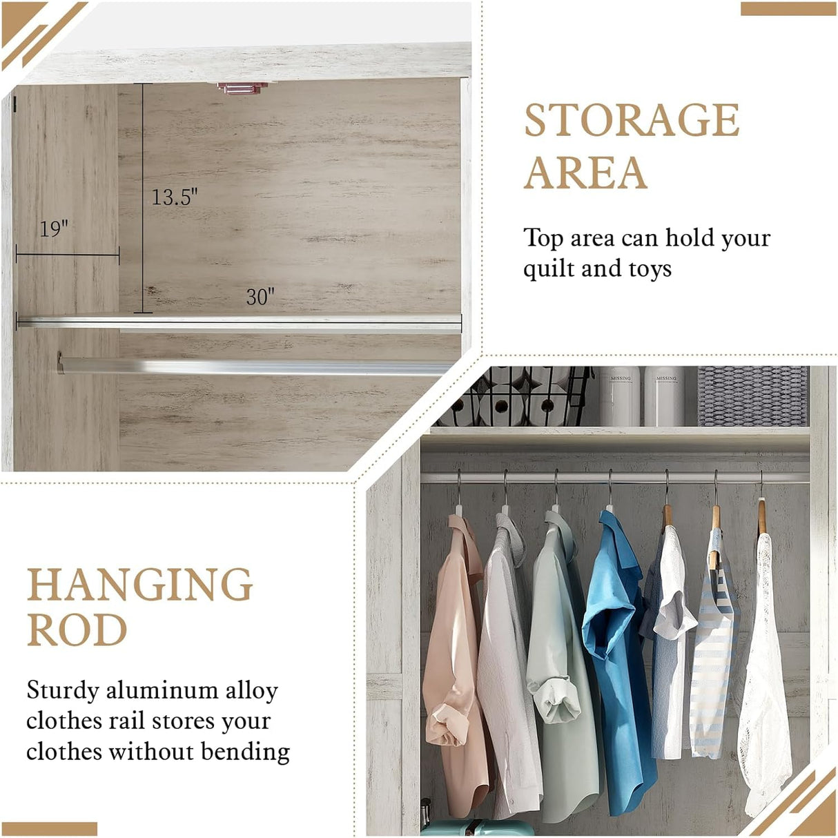 LUXOAK 70" Large Armoire Wardrobe Closet Set of 2 with Hanging Rod, Farmhouse Clothing Storage Cabinet with 2 Barn Doors, Wooden Tall Bedroom Armoires with Shelf, Distressed White LUXOAK