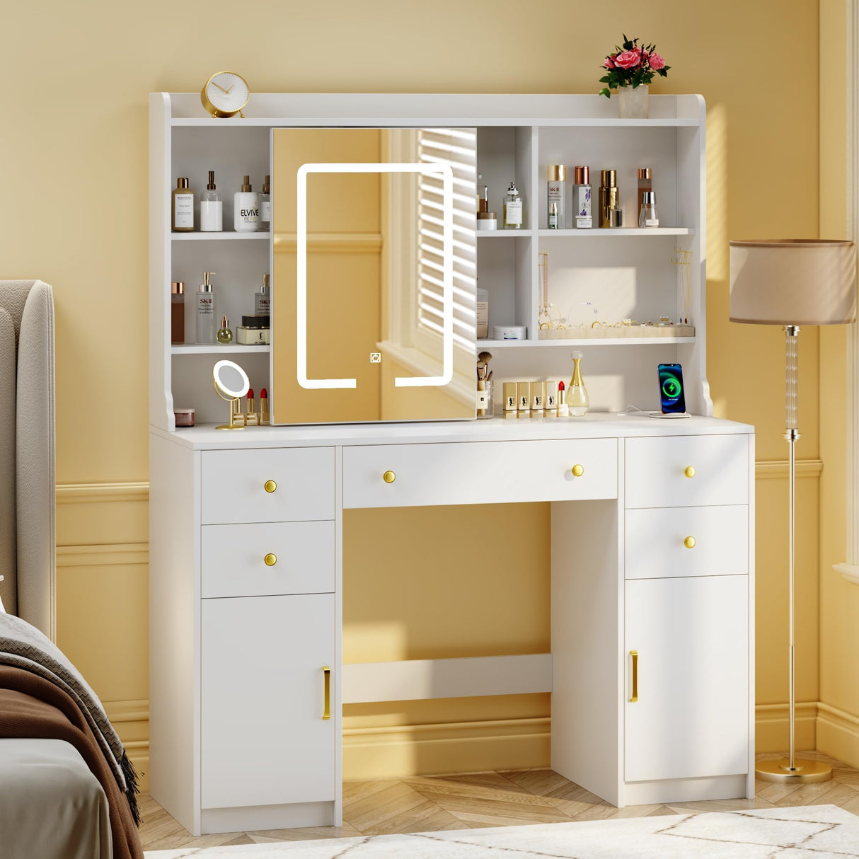 HUAHUU Vanity Desk with Mirror and Lights, Vanity Desk with Sliding LED Mirror, Makeup Vanity with Adjustable 3 Lights Modes, White Vanity with 5 Drawers & 2 Storage Cabinet, for Bedroom HUAHUU