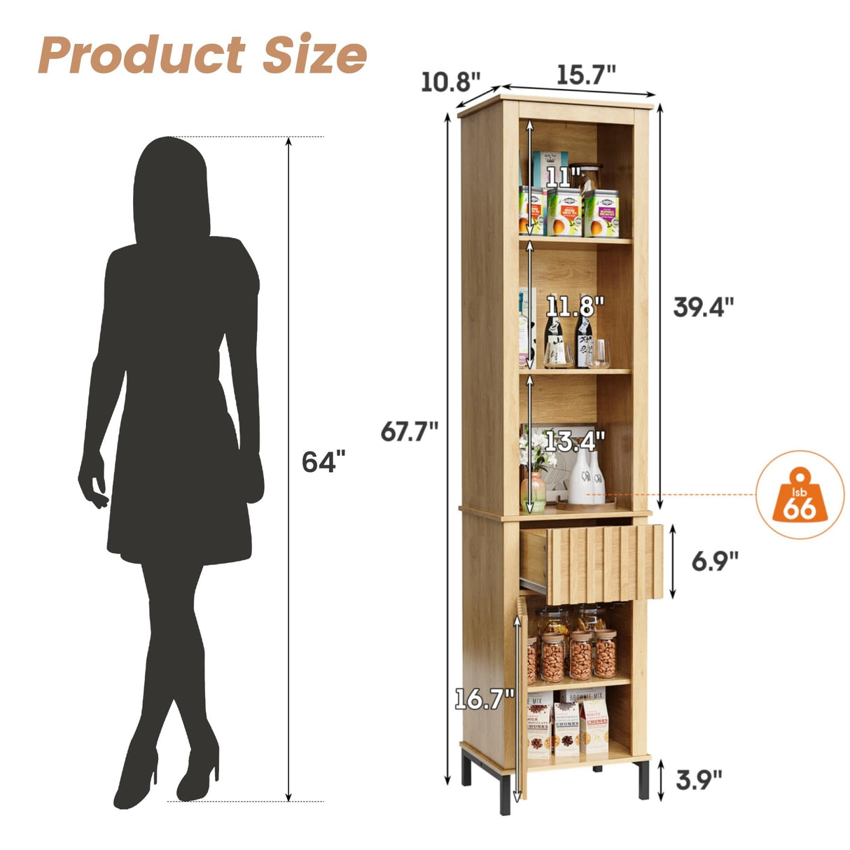 Maupvit 68" Tall Bathroom Storage Cabinet, Boho Wood Storage Cabinet Freestanding, Home Space Saving Organizer with Fluted Door & Drawer for Living Room, Dining Room, Kitchen, Utility Room Maupvit