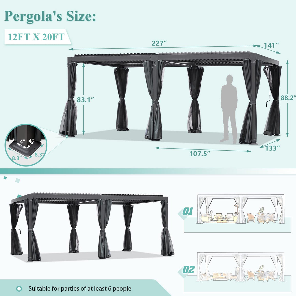 YOLENY 12' x 20' Louvered Pergola, Patio Hardtop Pergola with Adjustable Aluminum Rainproof Roof, Sun Shade Shelter with Netting and Curtains for YOLENY