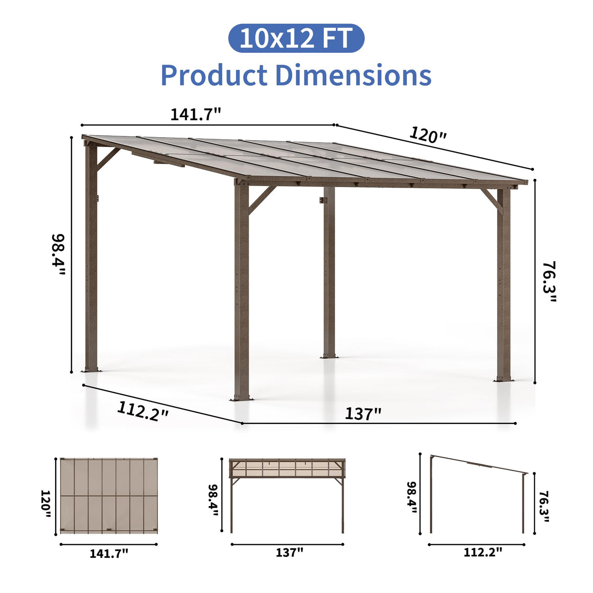 WKM 10X12 FT Gazebo for Patio,Large Wall-Mounted Lean to Gazebo Pergola with Roof on Clearance, Lean to Gazebo Hard Top, Lean to Gazebo Awnings for Patio, Decks, Porch and Backyard WKM