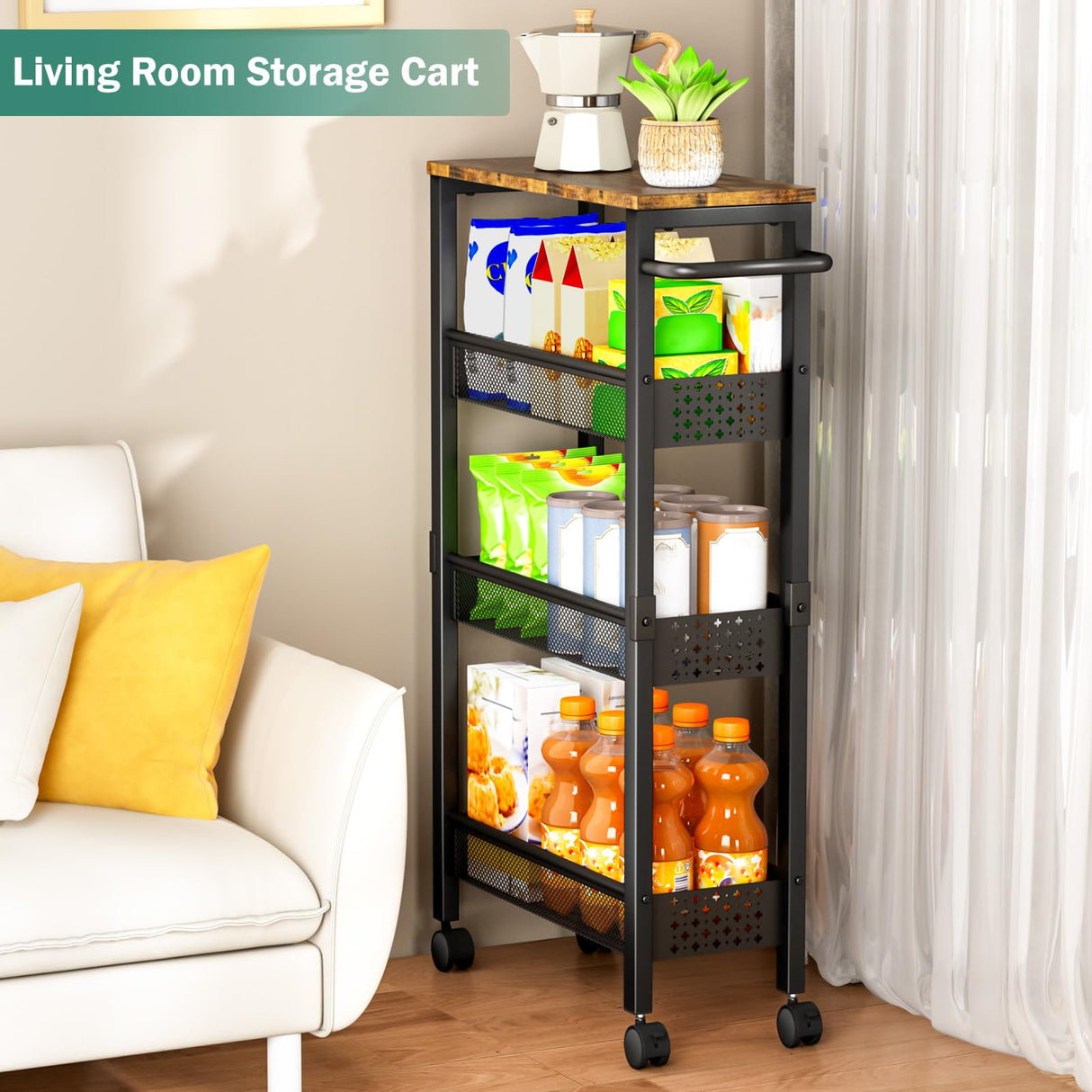 Vivihomety Utility Slim Storage Cart with Wheels, 4 Tier Small Rolling Cart with Wood Top, Metal Kitchen Bathroom Laundry Room Organization Trolley with Handle for Narrow Space – Black Vivihomety