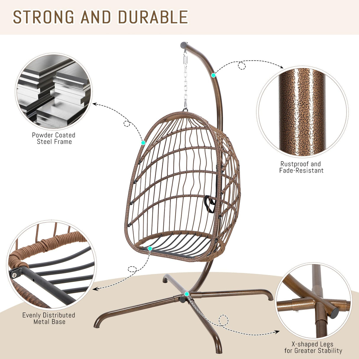 RADIATA Patio Hanging Egg Chair with Stand, Rattan Swing Chair with Cushion and Pillow, Wicker Hammock Chair for Indoor Outdoor Bedroom Living Room Garden (Brown with Cover) RADIATA