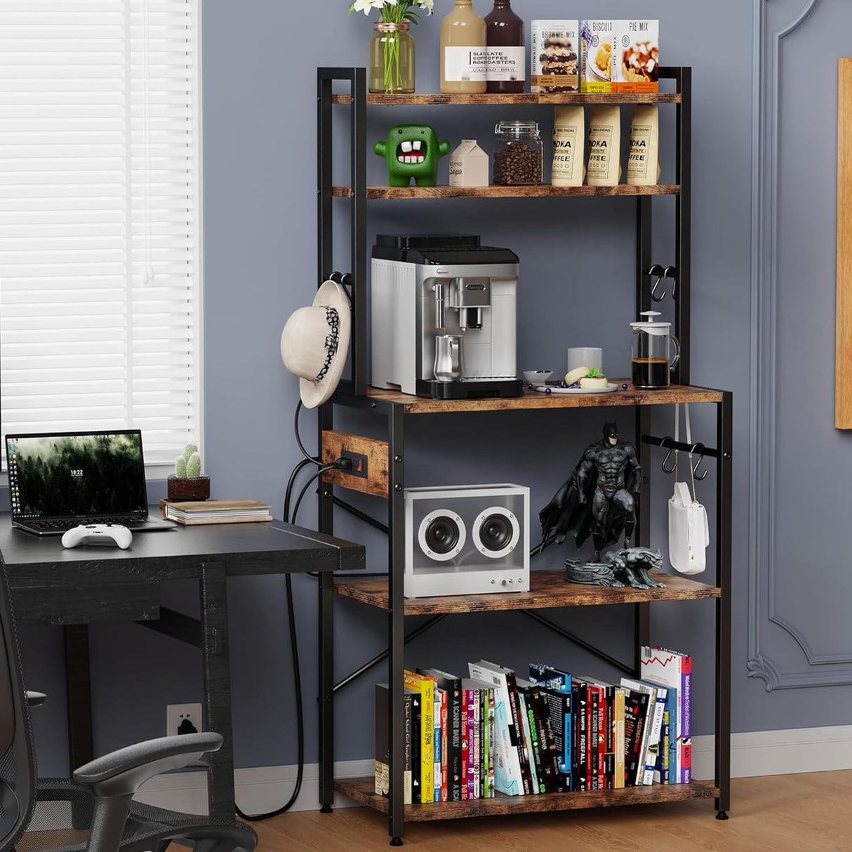 Amosic Kitchen Bakers Rack with Power Outlet, 5 Tiers Coffee Bar Table, Kitchen Microwave Stand with 6 S-shaped Hooks, Kitchen Storage Shelf Rack for Spices, Pots, Rustic Brown Amosic