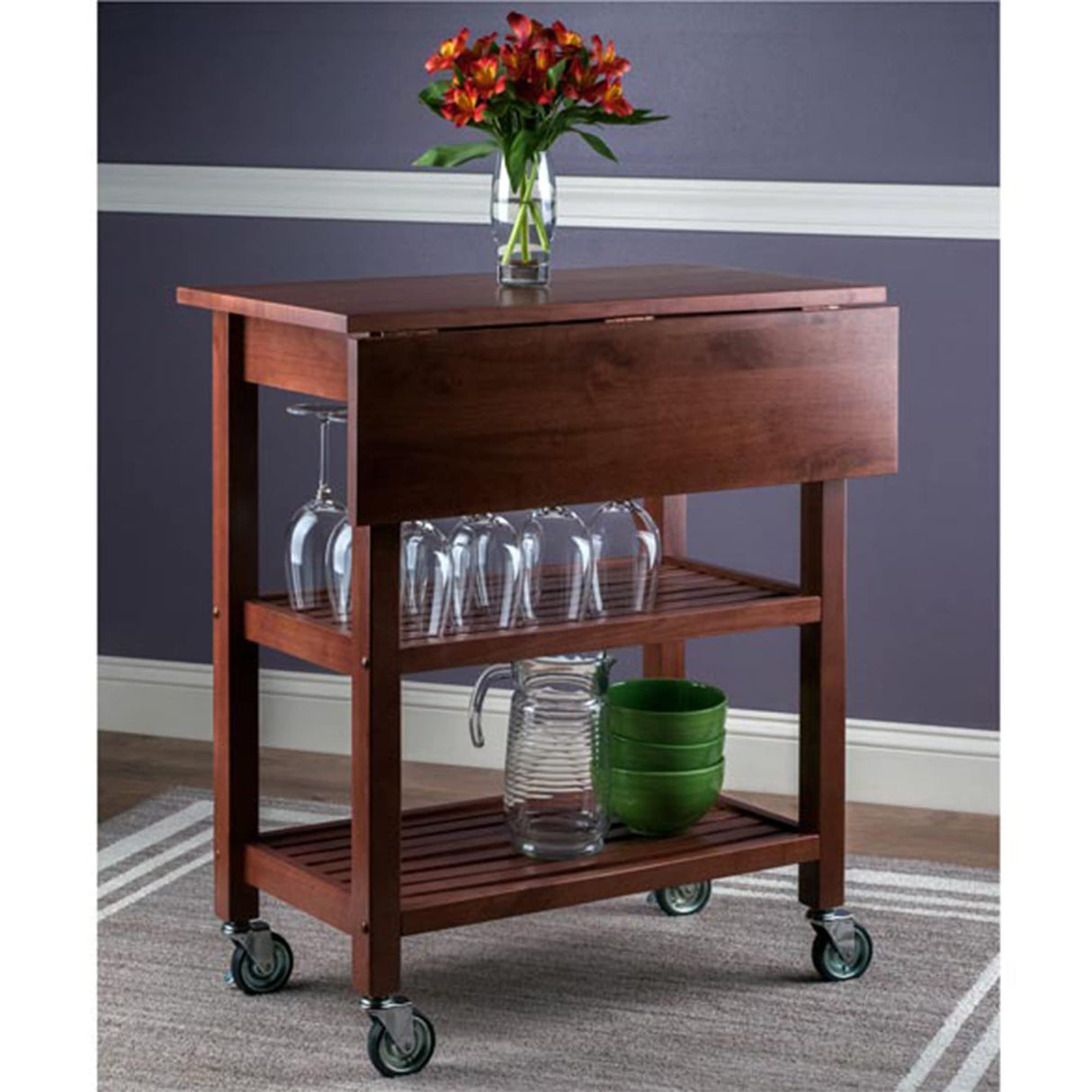 Winsome 94734 Jonathan 2 Drawer Rolling Kitchen Cart in Walnut Winsome