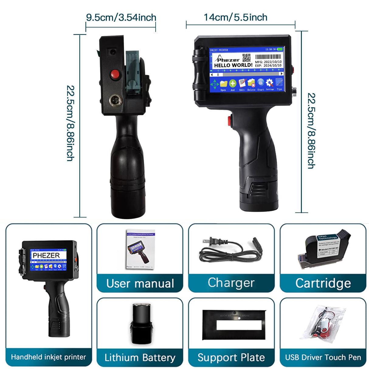 Phezer P15 Handheld Inkjet Printer for Flat Surface 0.5 Inch Nozzle for QRCode Barcode Production Date Time Logo Batch Number Print On Glass Bag Carton Box Wood Cloth Plastic Cable (25 Languages) Phezer