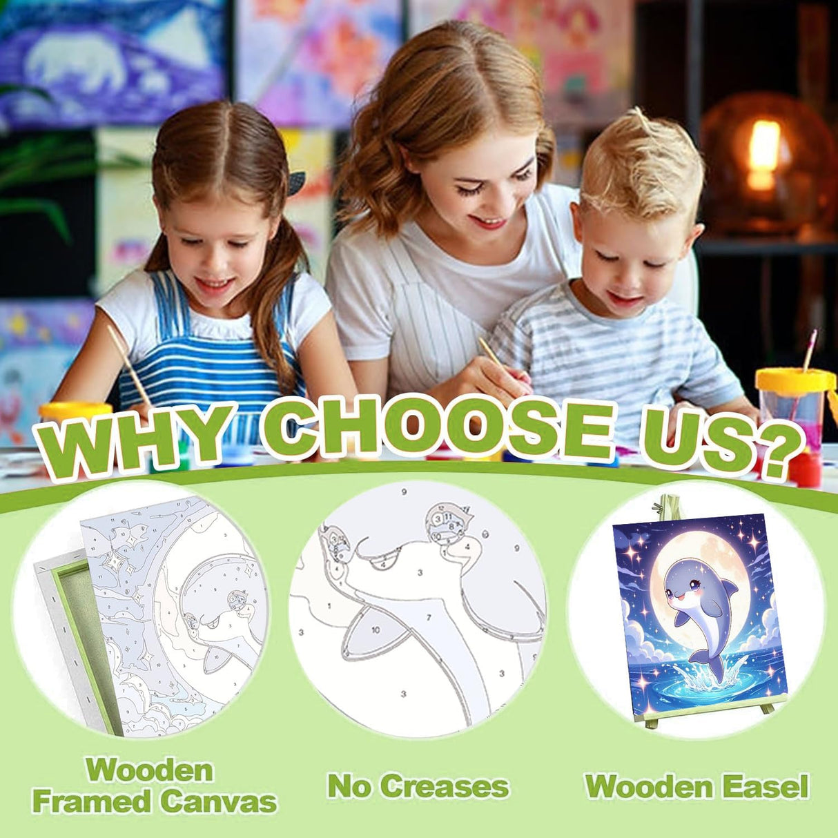 cviokrdu Dolphins Paint by Numbers Kit for Kids with Frame - Wooden Easel, Sea Animals Paint by Numbers for Kids Ages 4 8 12, Easy Acrylic Oil Painting Kits for Home Wall Decoration 8x8 inch cviokrdu